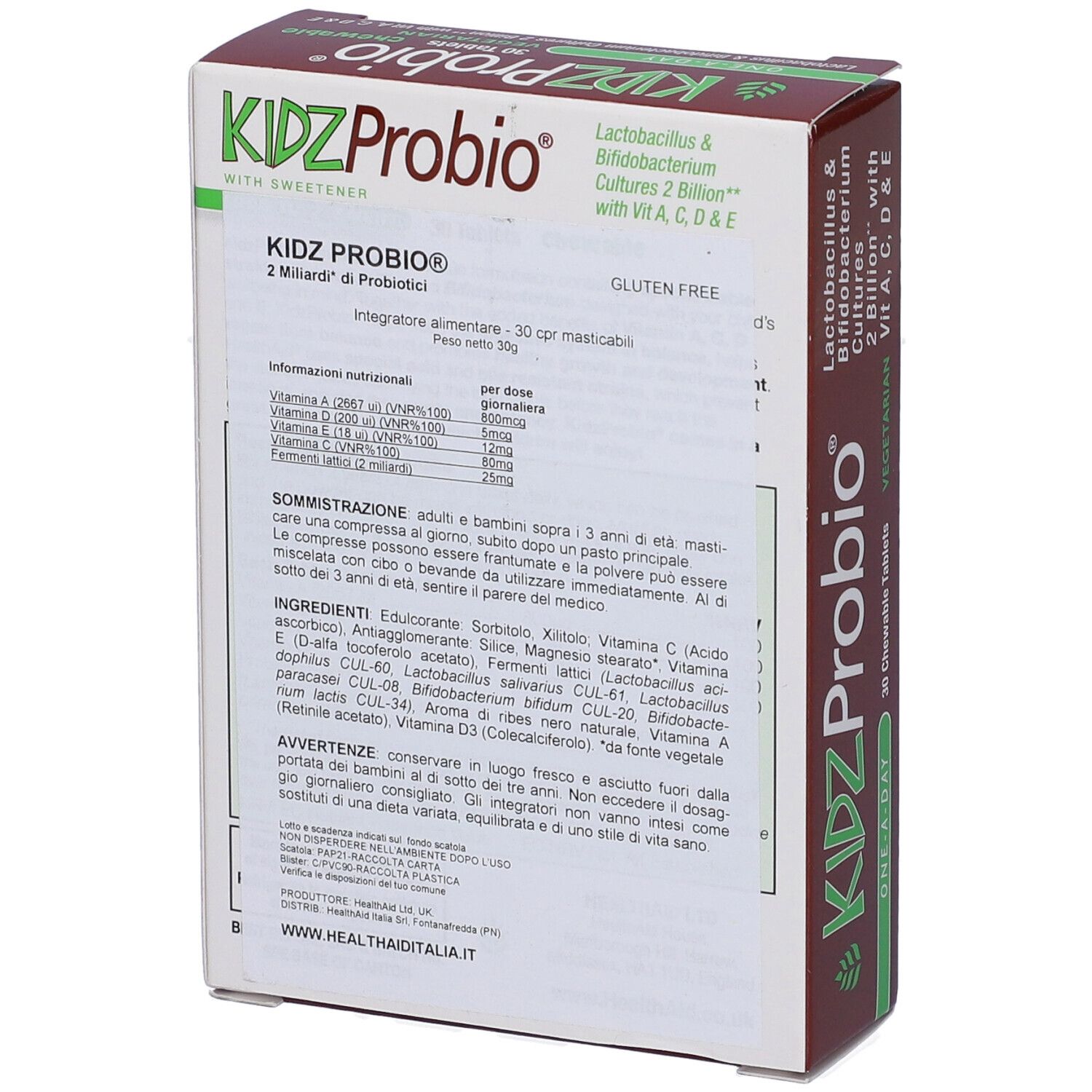 Scatola KIDZProbio, retro. Contiene informazioni sugli ingredienti e i valori nutrizionali. Senza glutine. Con colture Lactobacillus & Bifidobacterium.