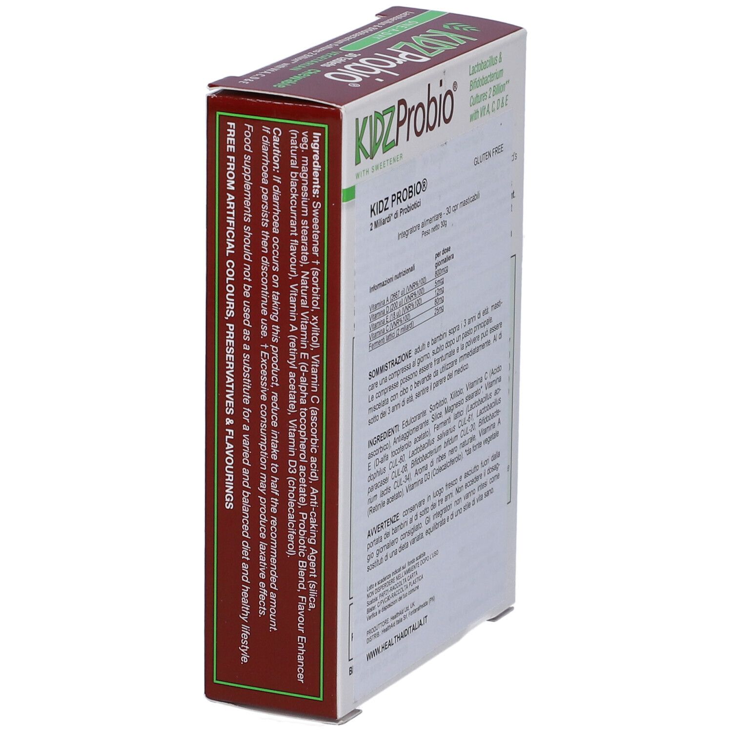 Scatola KIDZProbio, vista laterale. Contiene informazioni sugli ingredienti. Senza glutine. Con colture Lactobacillus & Bifidobacterium.