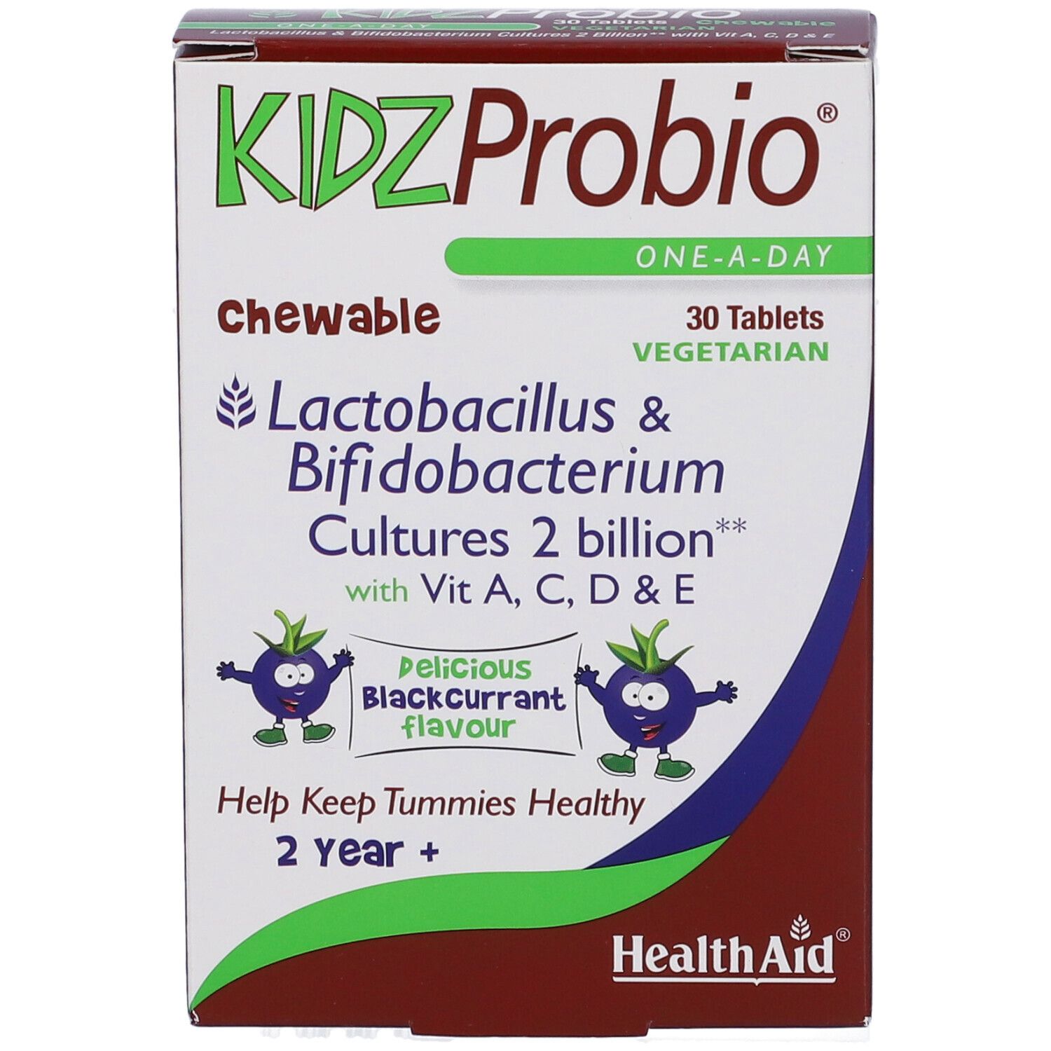 Scatola KIDZProbio. Contiene 30 compresse. Con colture Lactobacillus & Bifidobacterium, vitamine A, C, D & E. Gusto ribes nero.