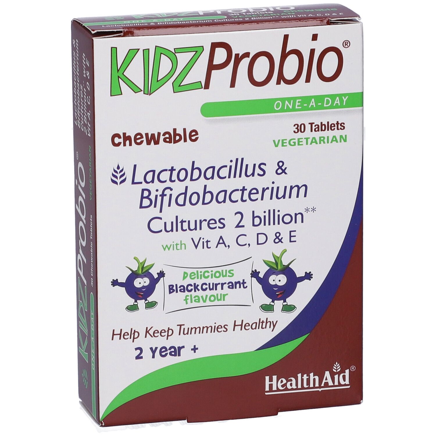 Scatola KIDZProbio. Contiene 30 compresse. Con colture Lactobacillus & Bifidobacterium, vitamine A, C, D & E. Gusto ribes nero.
