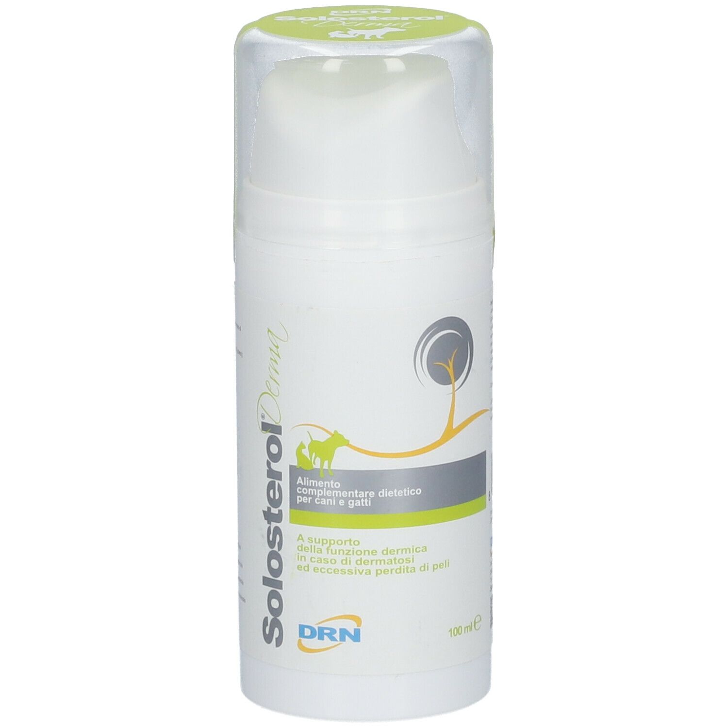 Flacone bianco con logo Solosterol Derma. Testo: Integratore alimentare per cani e gatti. 100 ml.