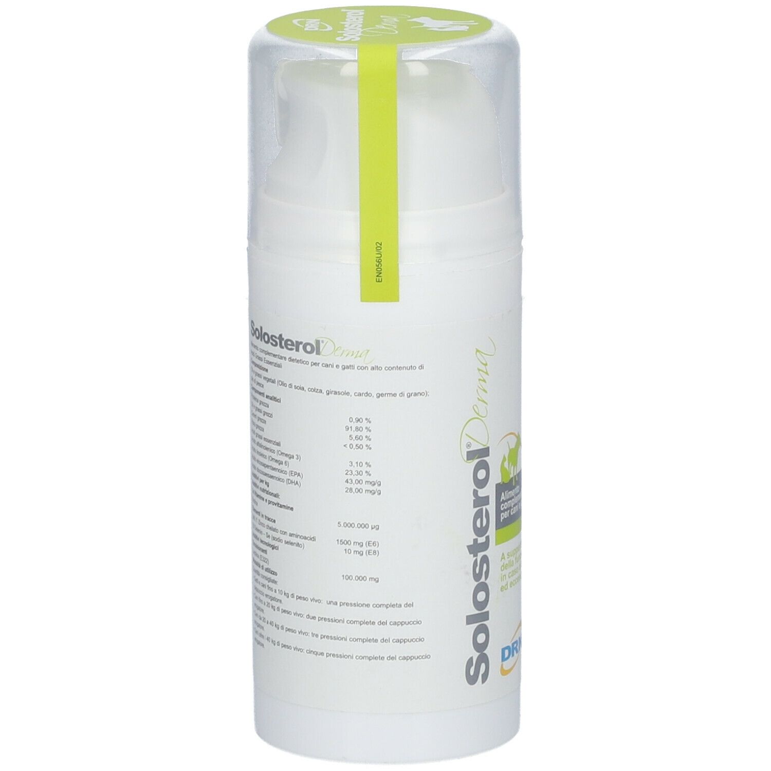 Flacone bianco con logo Solosterol Derma. Testo: Integratore alimentare per cani e gatti. 100 ml.