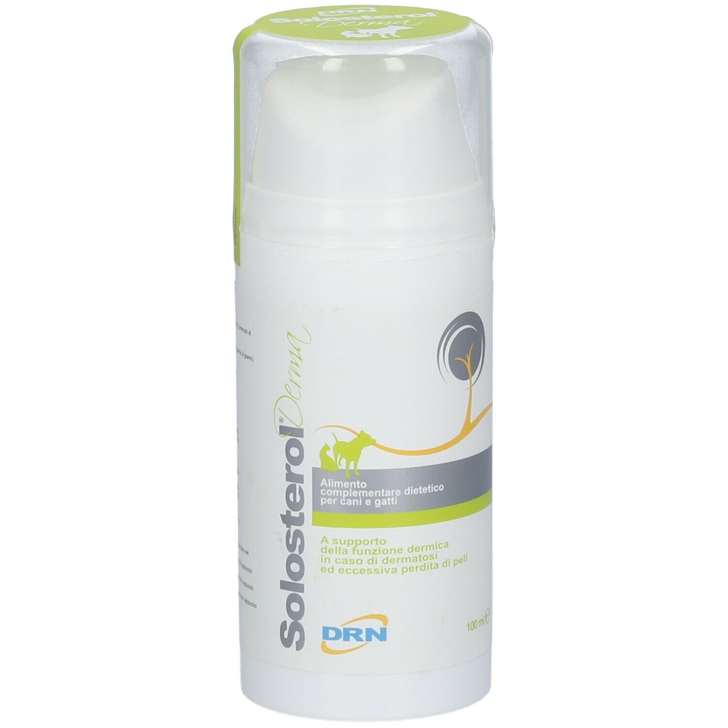 Flacone bianco con logo Solosterol Derma. Testo: Integratore alimentare per cani e gatti. 100 ml.