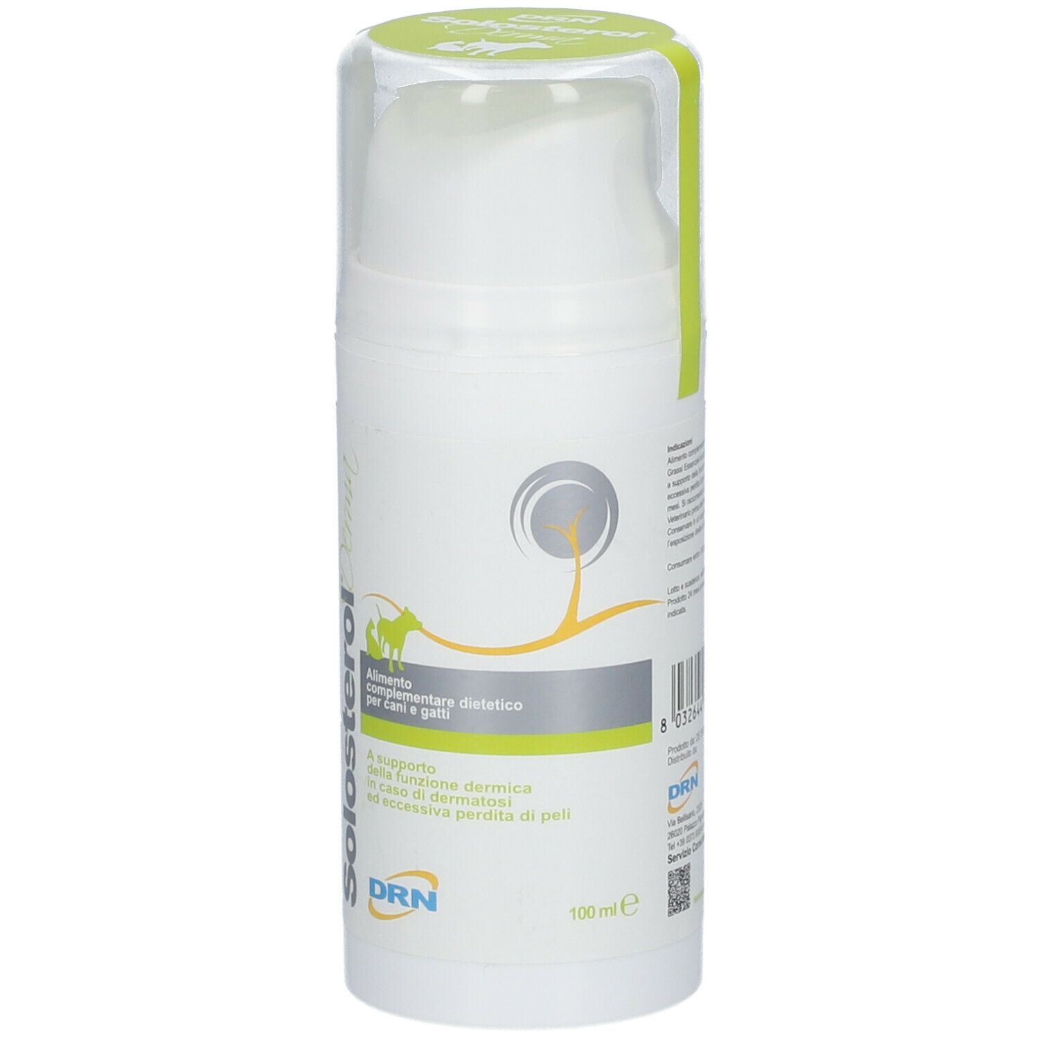 Flacone bianco con logo Solosterol Derma. Testo: Integratore alimentare per cani e gatti. 100 ml.