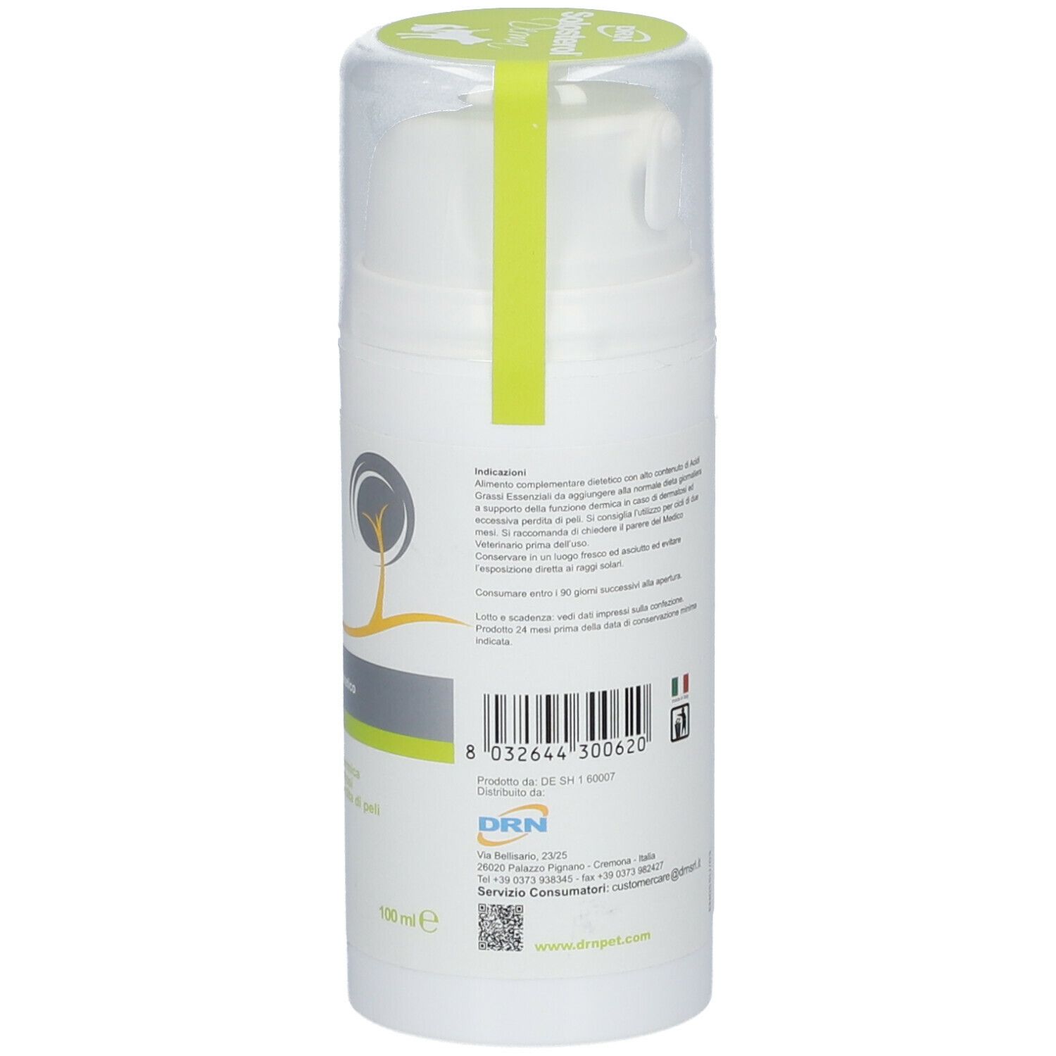 Retro di un flacone bianco con logo Solosterol Derma. Testo e codice a barre. 100 ml.