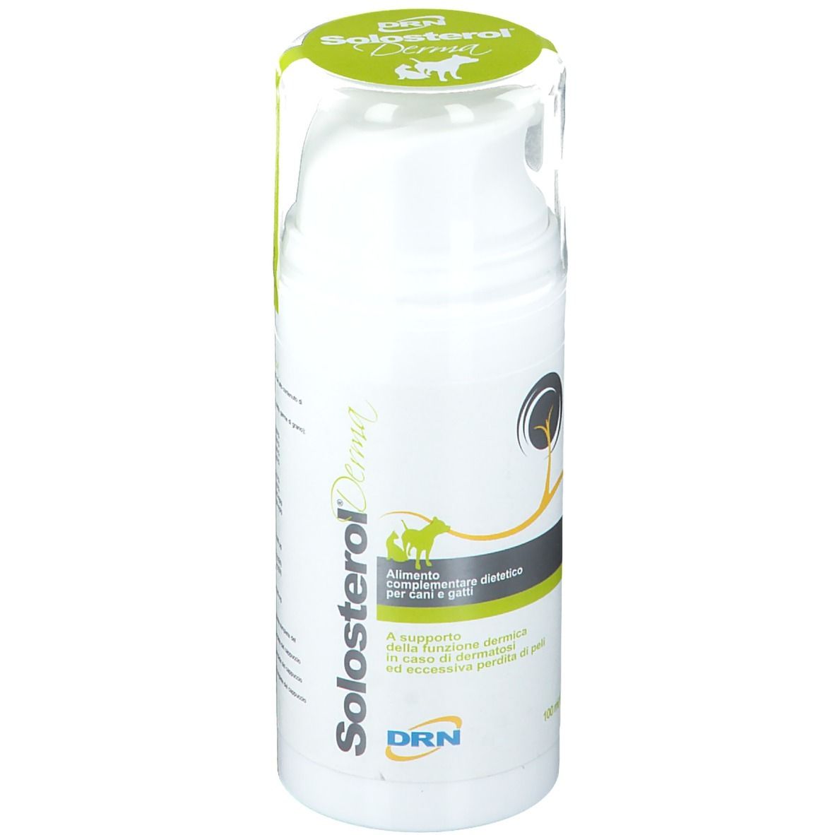 Flacone bianco con logo Solosterol Derma. Testo: Integratore alimentare per cani e gatti. 100 ml.