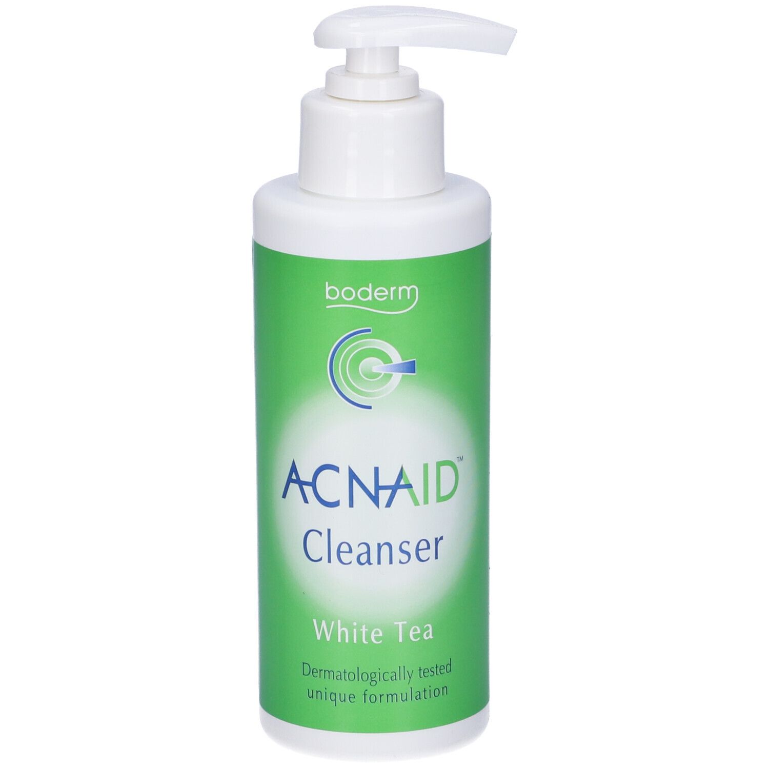 Flacone bianco con dosatore a pompa. Scritta: ACNAID Cleanser, White Tea. Etichetta verde e bianca.