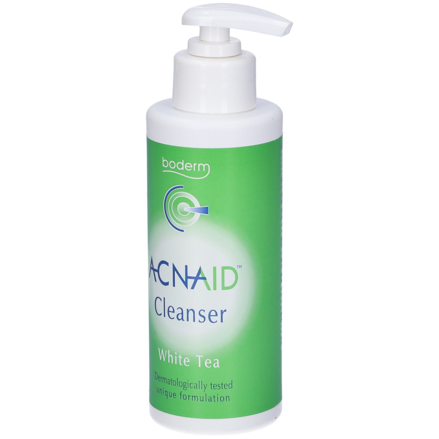 Flacone bianco con dosatore a pompa. Scritta: ACNAID Cleanser, White Tea. Etichetta verde e bianca.