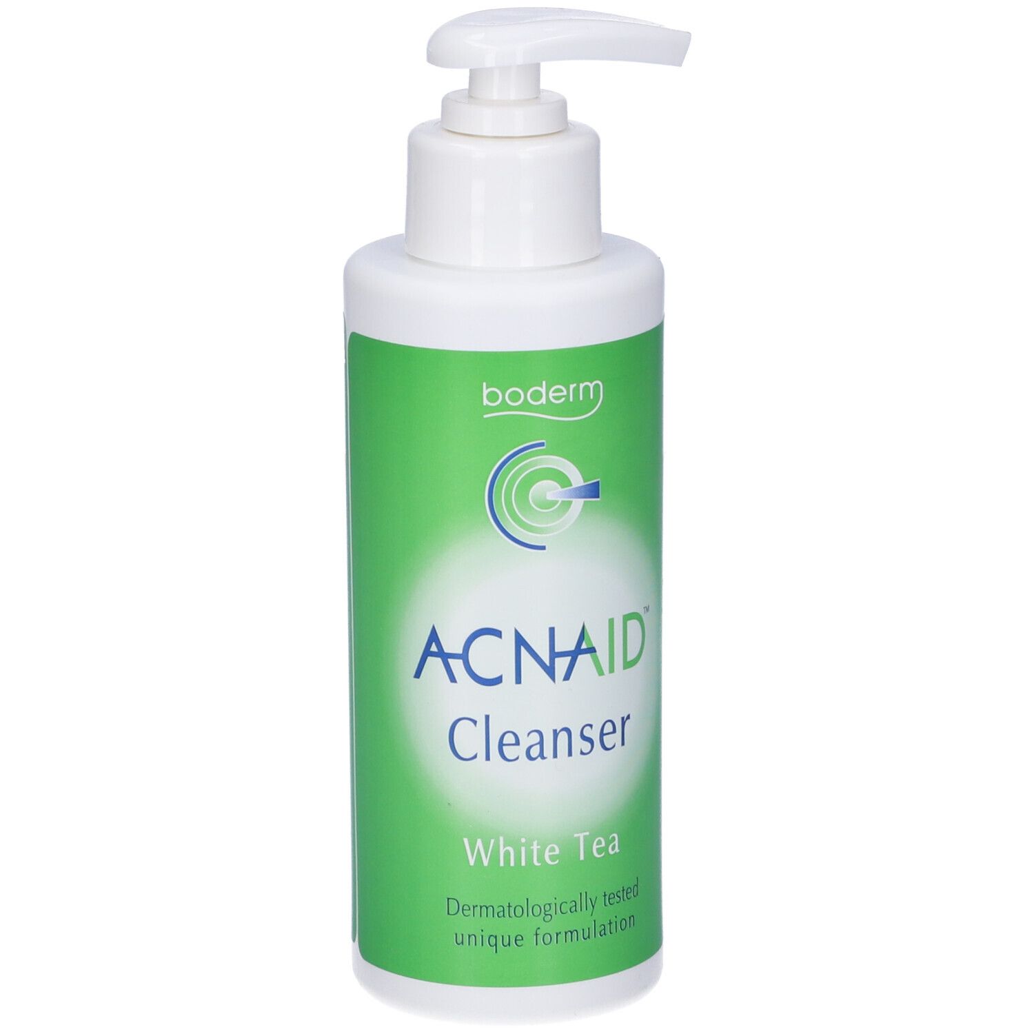 Flacone bianco con dosatore a pompa. Scritta: ACNAID Cleanser, White Tea. Etichetta verde e bianca.