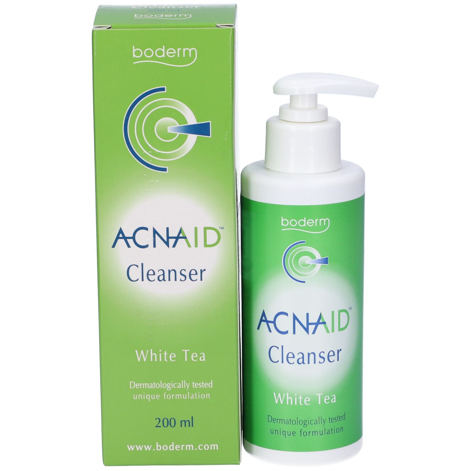 Confezione e flacone. Confezione: verde, ACNAID Cleanser. Flacone: bianco, dosatore, ACNAID.