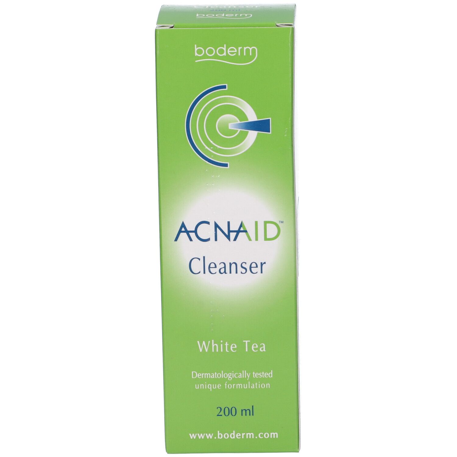 Confezione verde con ACNAID Cleanser. Contiene: White Tea, unique formulation, 200 ml. Logo Boderm.
