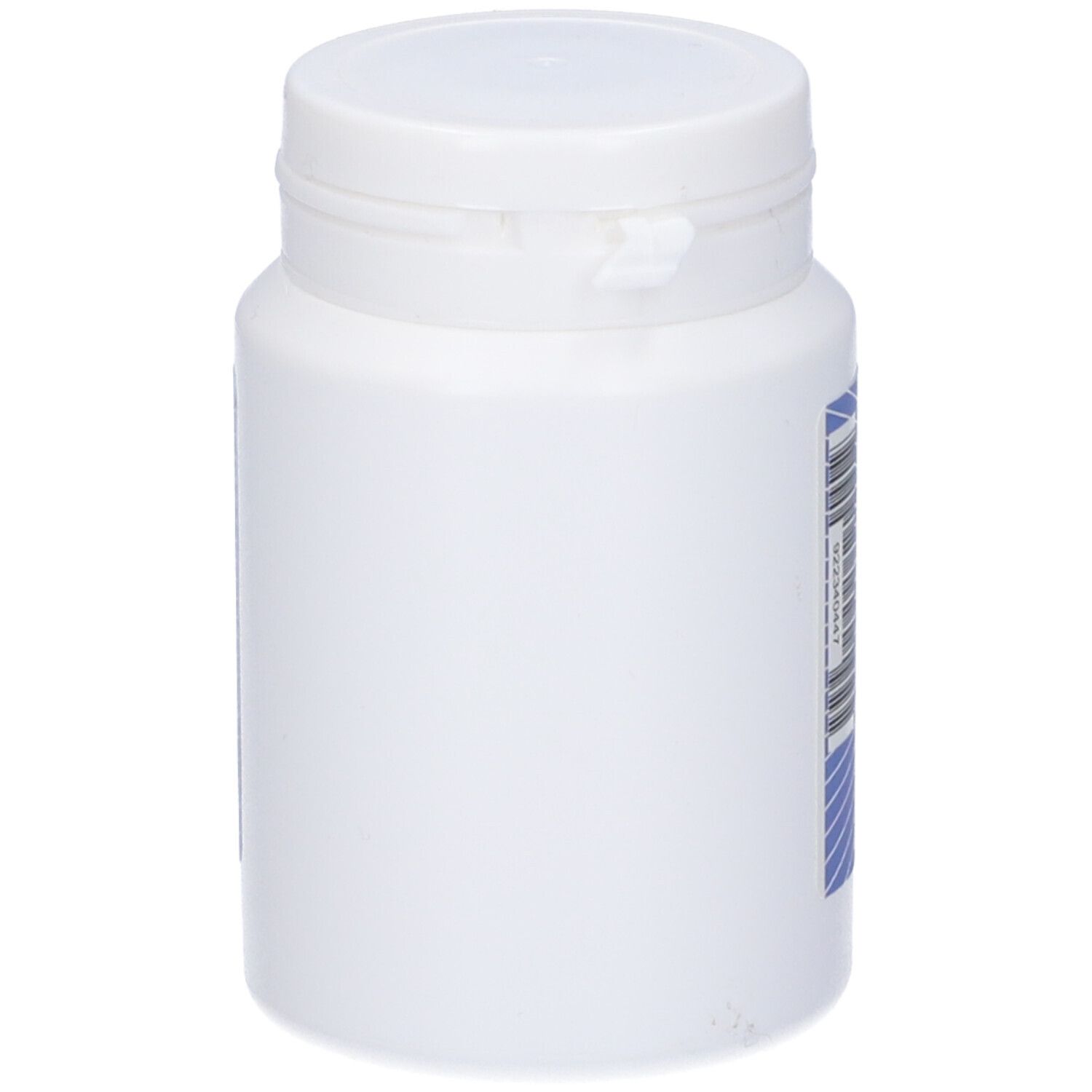 Barattolo bianco con coperchio bianco. Un'etichetta blu con codice a barre sul lato.