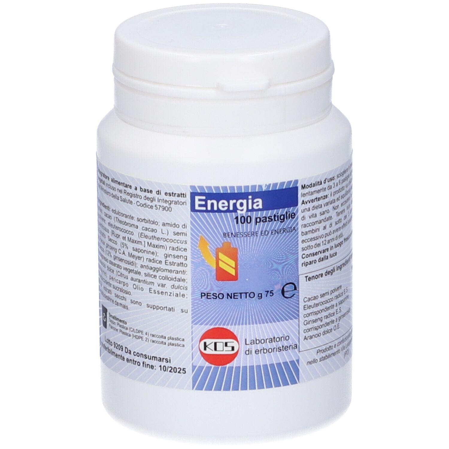 Barattolo bianco con etichetta blu. Scritta: Energia 100 pastiglie. KOS Laboratorio di erboristeria. Peso netto: 75 g.