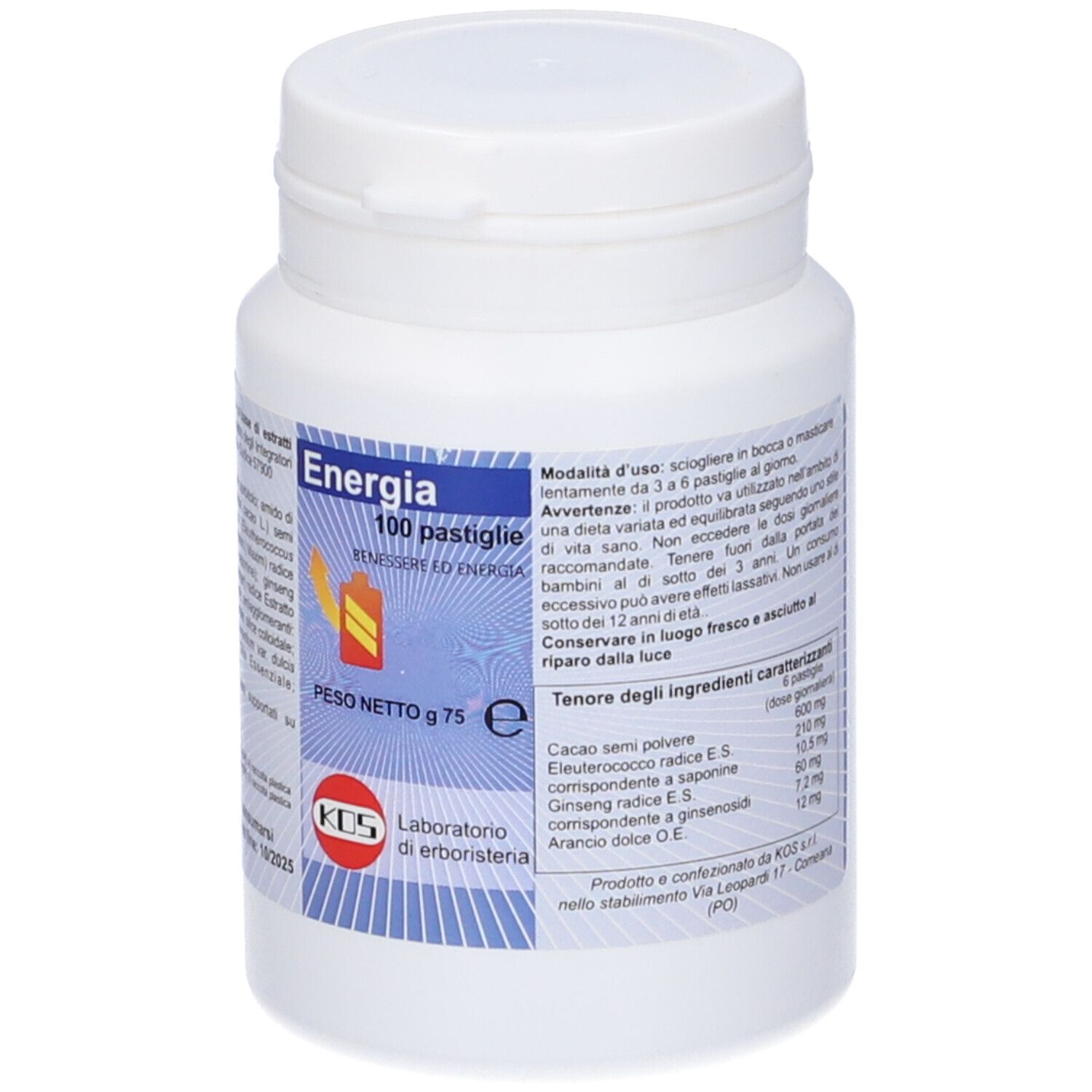 Barattolo bianco con etichetta blu. Scritta: Energia 100 pastiglie. KOS Laboratorio di erboristeria. Peso netto: 75 g. Elenco ingredienti.