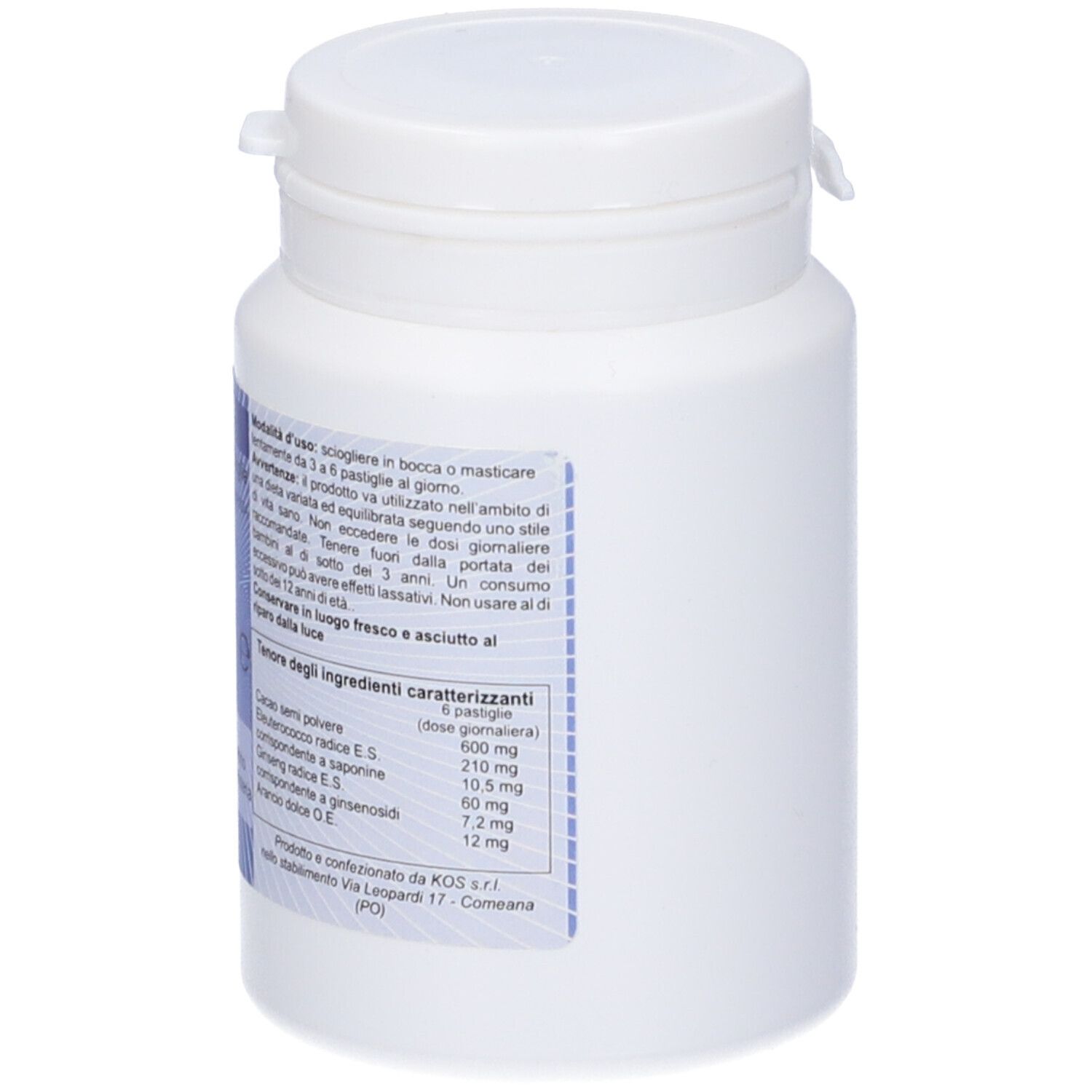 Barattolo bianco con etichetta blu. Scritte: ingredienti, dosaggio, numero di lotto, data di scadenza. KOS Laboratorio di erboristeria.