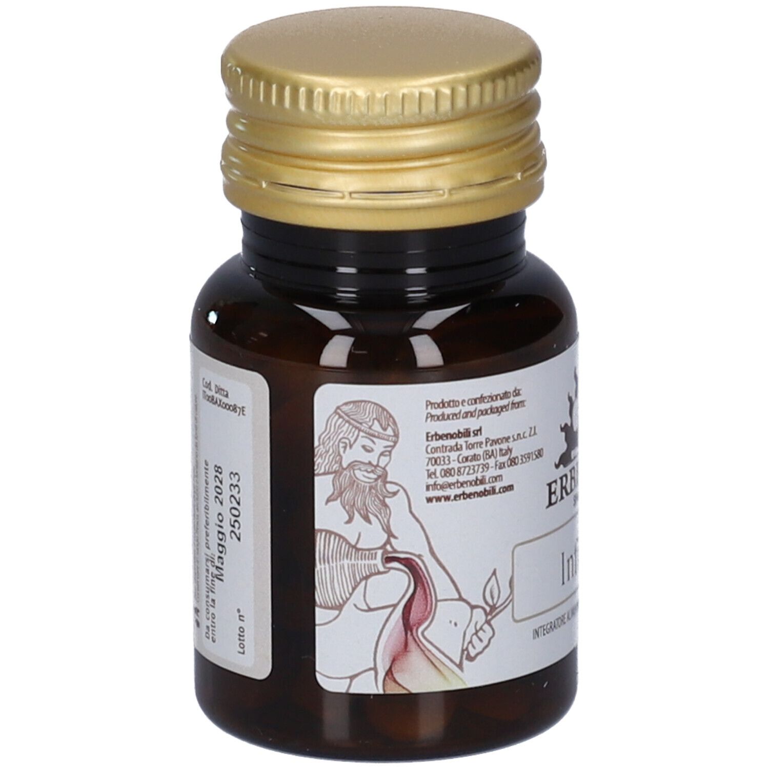 Flacone in vetro marrone con tappo dorato, contiene pillole. Etichetta con illustrazione.