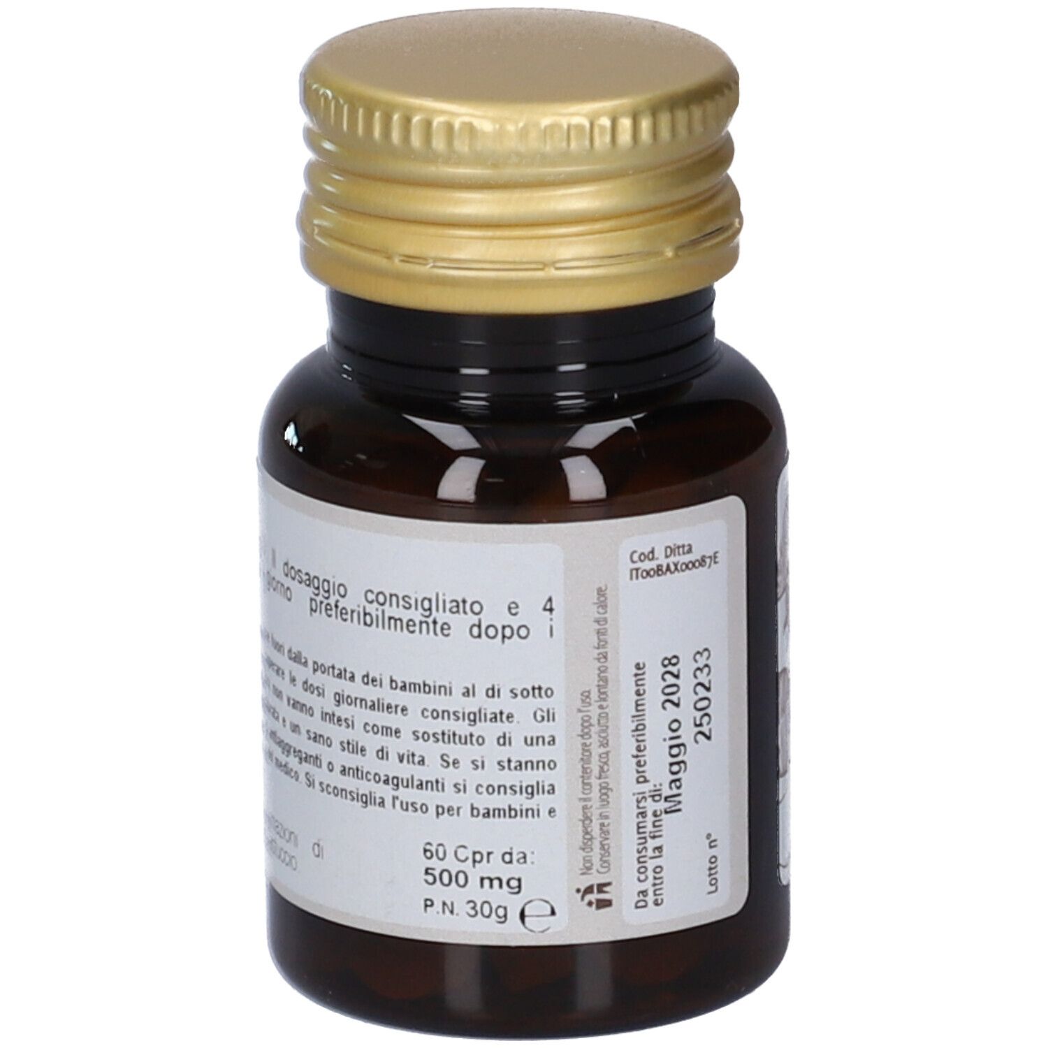 Flacone marrone con tappo dorato, 60 capsule, 500mg. Contiene data di consumo.