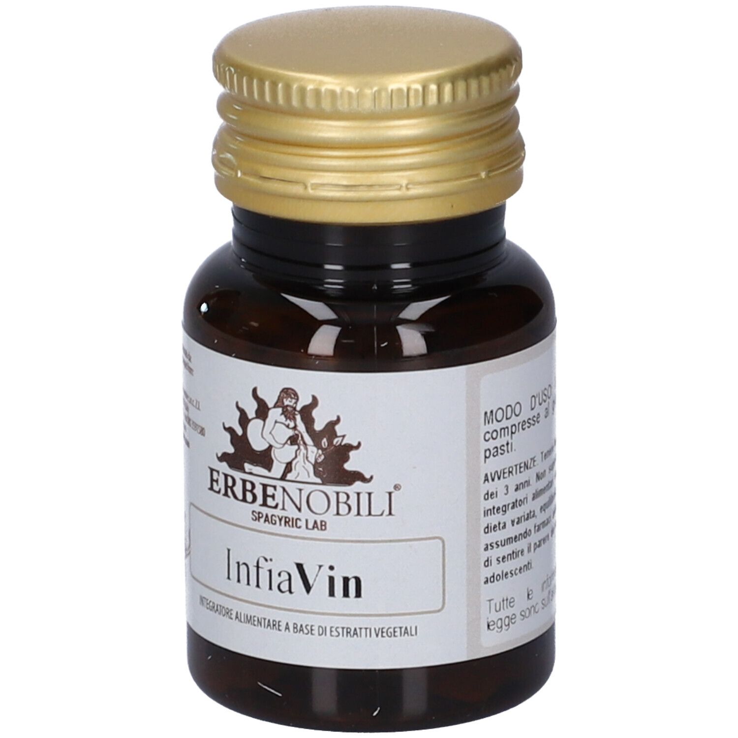 Piccolo flacone in vetro marrone con tappo a vite, etichetta "ERBENOBILI InfiaVin" e "Integratore alimentare a base di estratti vegetali".