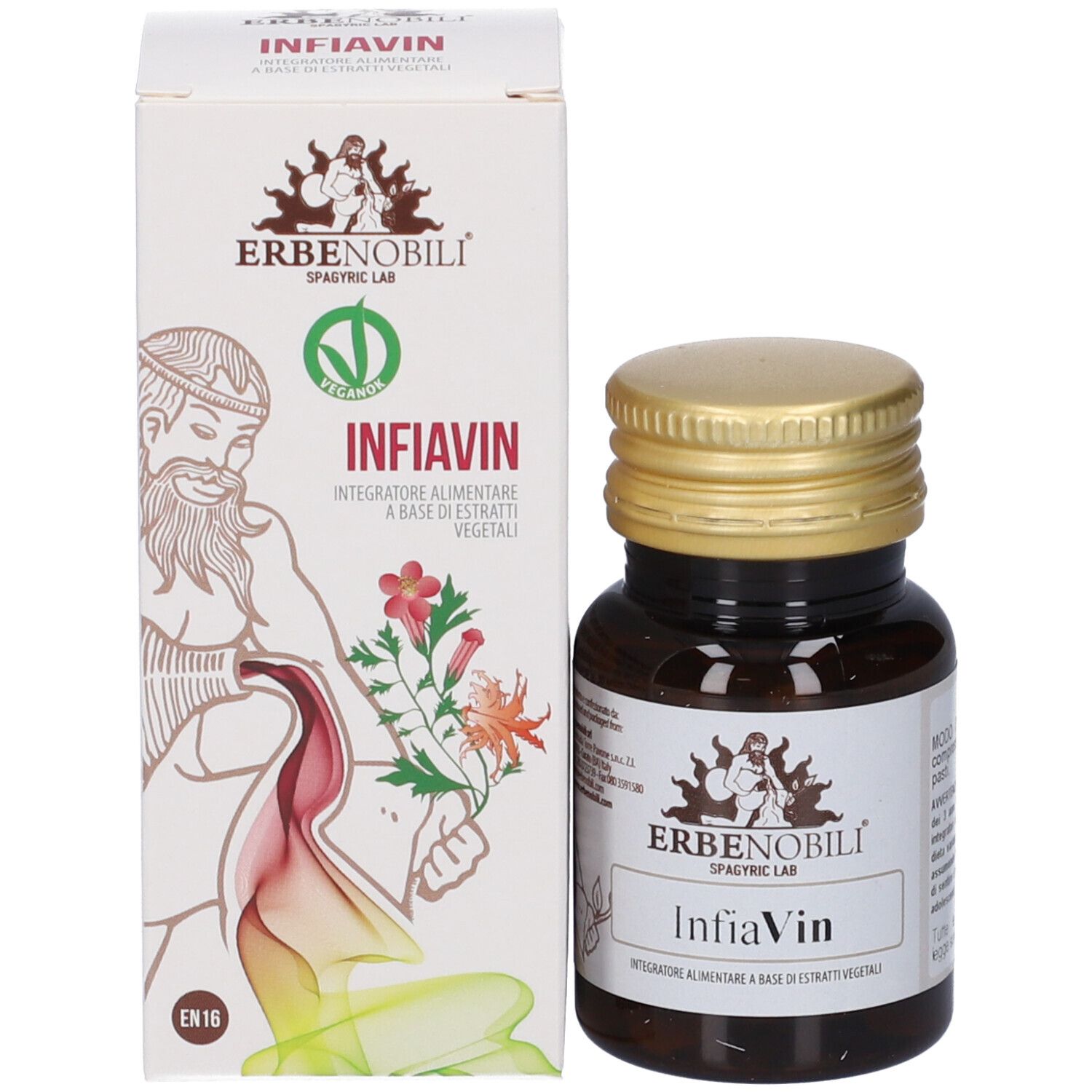 Confezione e flacone di integratori alimentari InfiaVin a base vegetale.