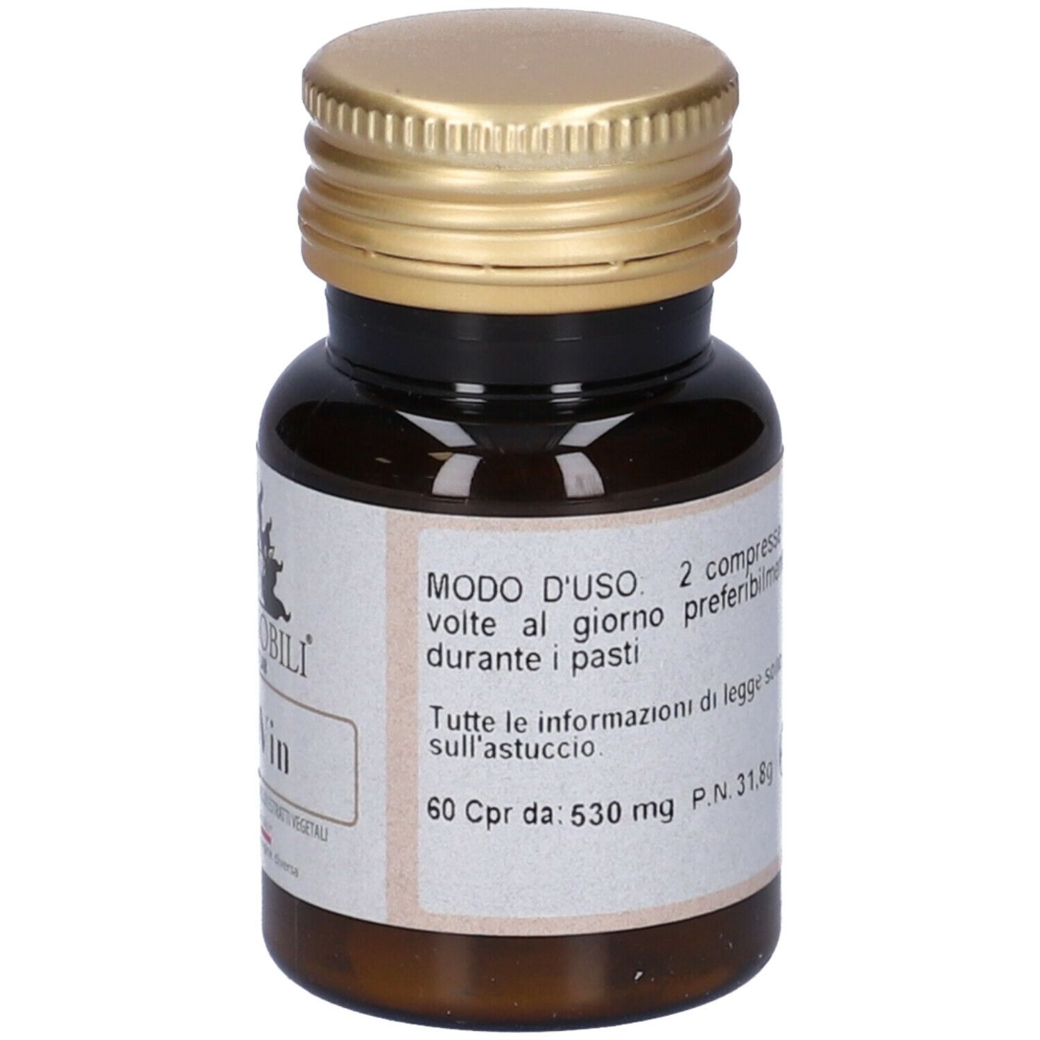 Flacone di compresse marrone con coperchio dorato. Adesivo con testo. Adesivo con dosaggio: 2 compresse al giorno.