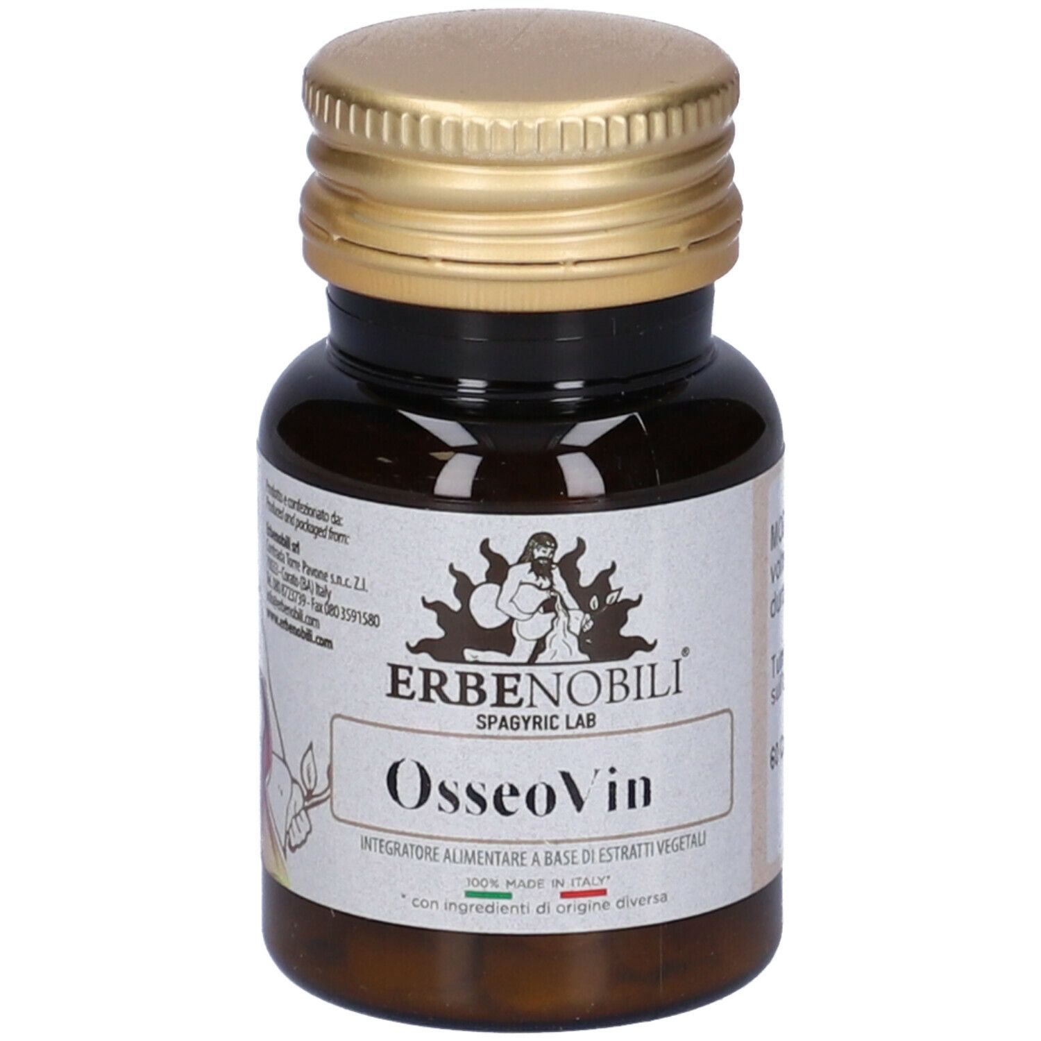 Flacone di compresse marrone con coperchio dorato. Adesivo con nome del prodotto Osseovin. Adesivo con ingredienti.