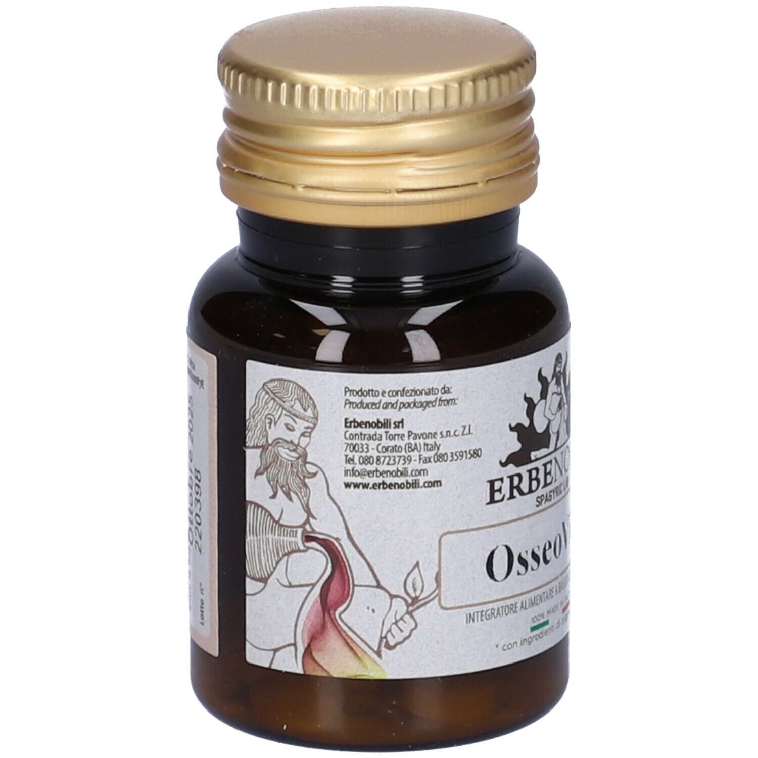 Flacone di compresse marrone con coperchio dorato. Adesivo con nome del prodotto Osseovin. Adesivo con ingredienti.
