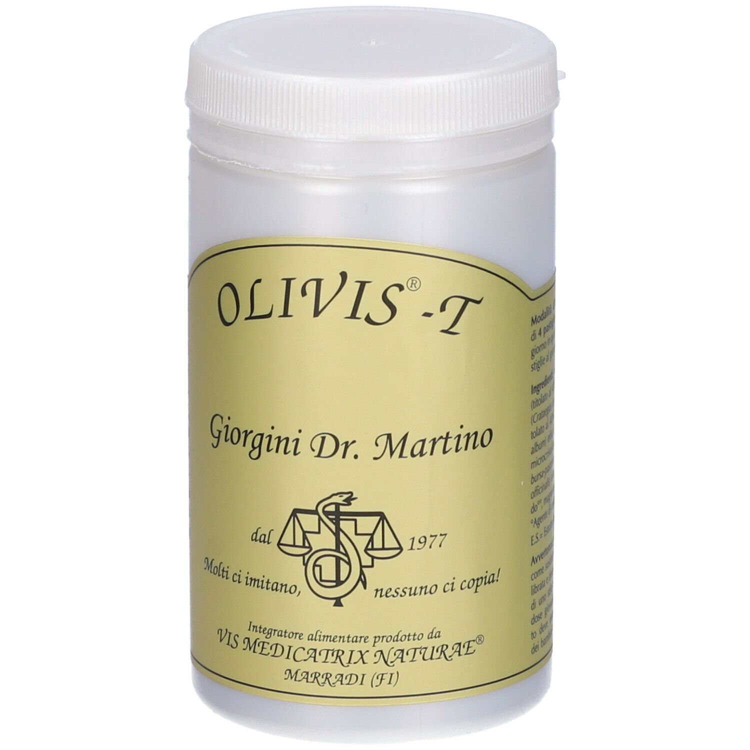 Barattolo bianco con coperchio. Scritta Olivis-T, Giorgini Dr. Martino. Logo con bilancia e serpente.