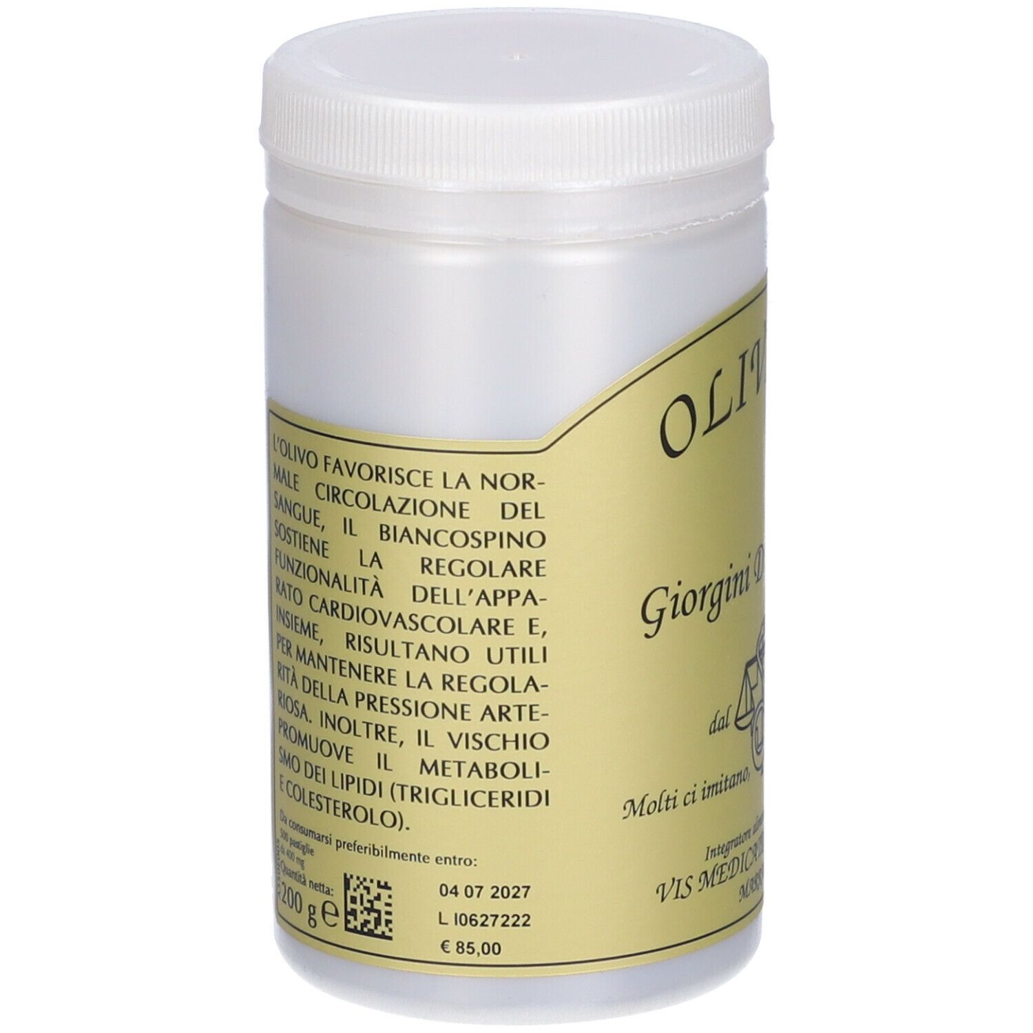 Barattolo bianco con coperchio. Scritta Olivis-T, Giorgini Dr. Martino. Testo sugli ingredienti e informazioni nutrizionali.