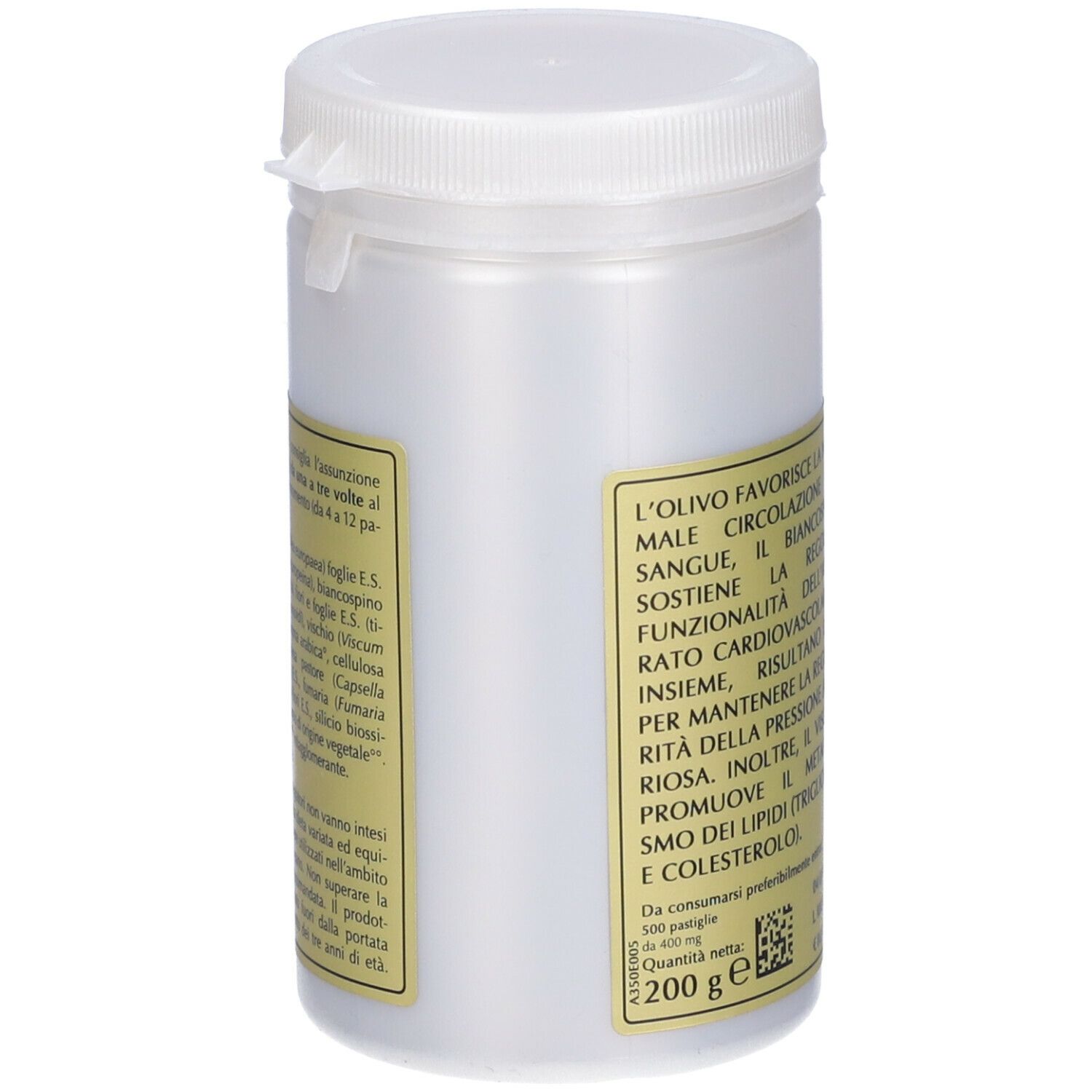 Barattolo bianco con coperchio. Scritta Olivis-T, Giorgini Dr. Martino. Testo sugli ingredienti e informazioni nutrizionali.