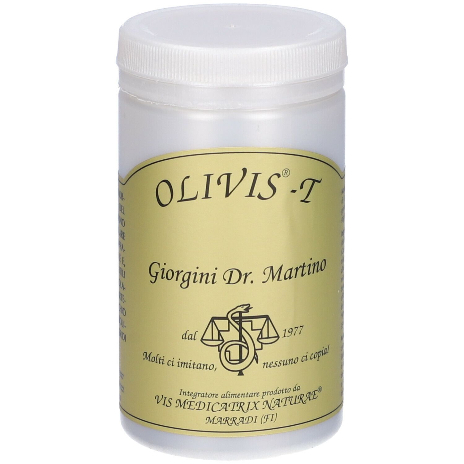 Barattolo bianco con coperchio. Scritta Olivis-T, Giorgini Dr. Martino. Logo con bilancia e serpente.
