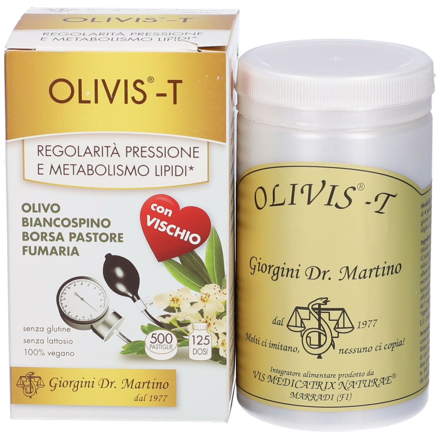 Barattolo e scatola con la scritta Olivis-T. Sulla scatola: 'Regolarità pressione e metabolismo lipidi'.
