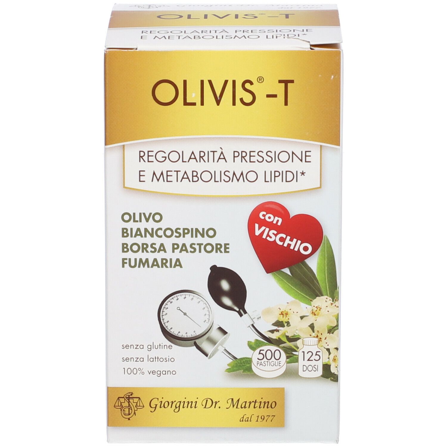 Scatola con la scritta Olivis-T. Sulla scatola: 'Regolarità pressione e metabolismo lipidi'.