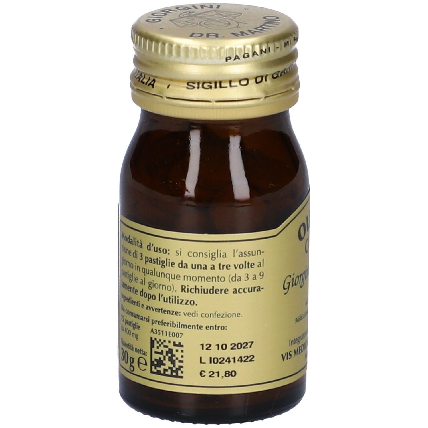 Flacone di vetro marrone con tappo dorato. Etichetta con informazioni sul prodotto, tra cui data di scadenza e numero di lotto.