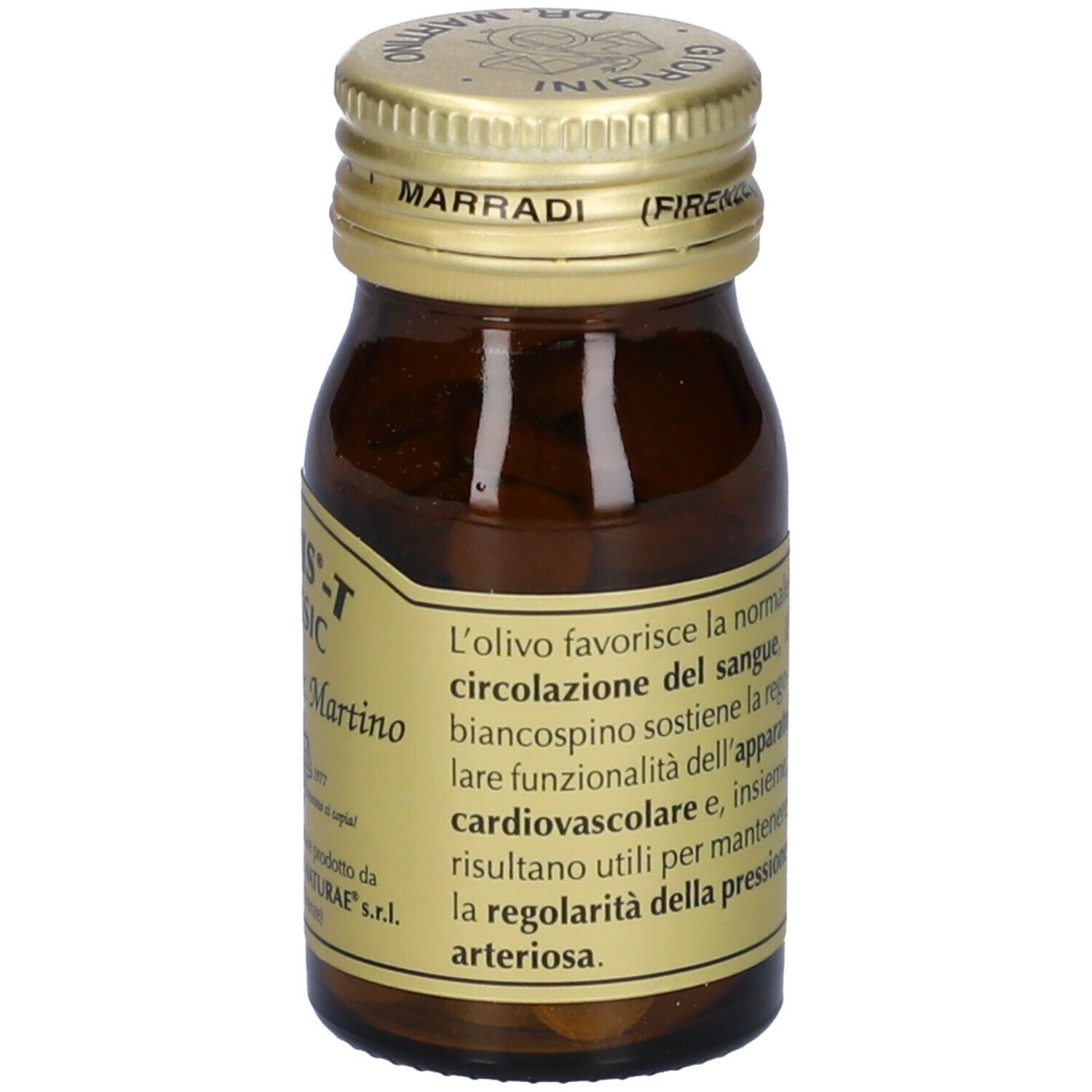 Flacone di vetro marrone con tappo dorato. Etichetta con informazioni sul prodotto, tra cui istruzioni per l'uso.