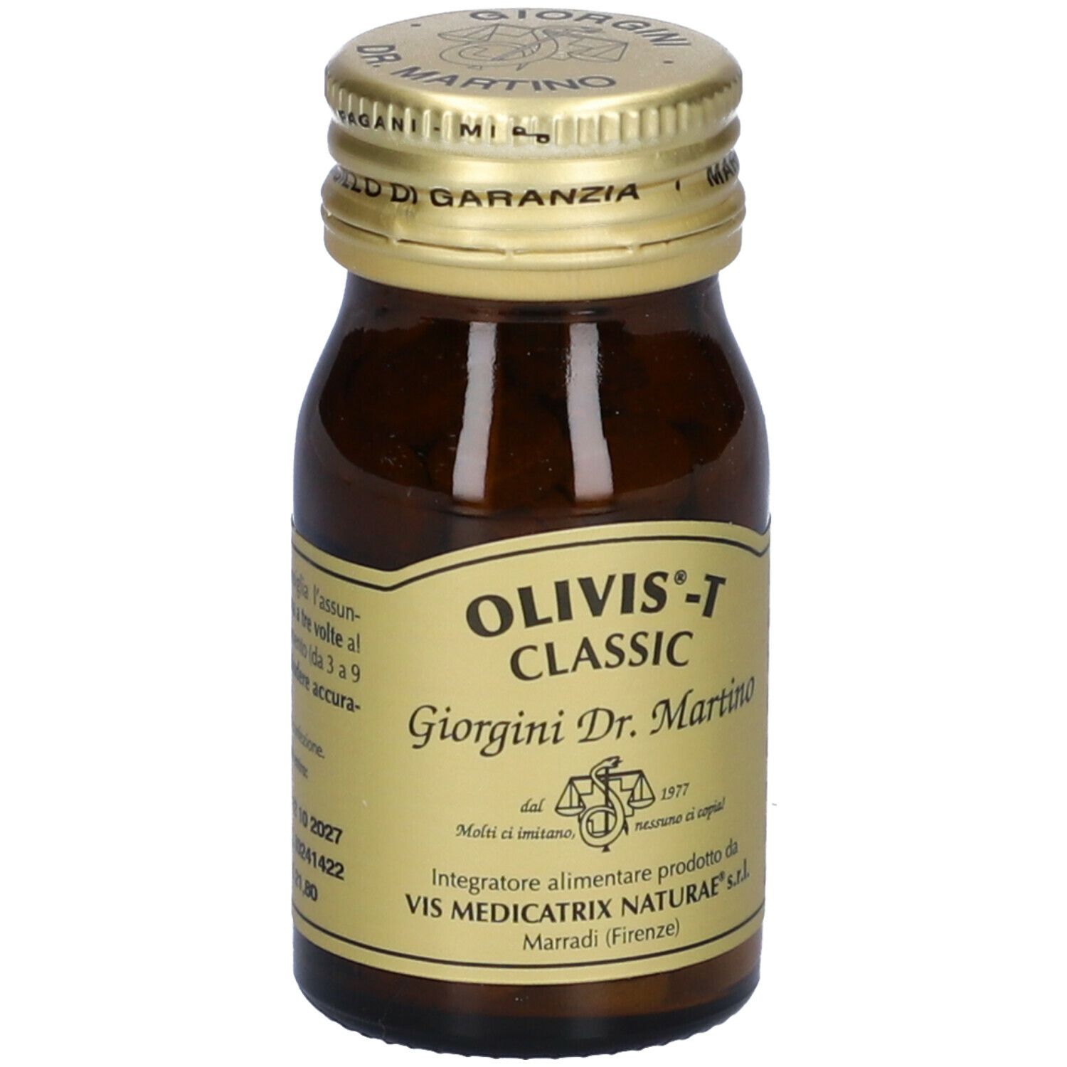 Flacone di vetro marrone con tappo dorato. Etichetta con informazioni sul prodotto e produttore.