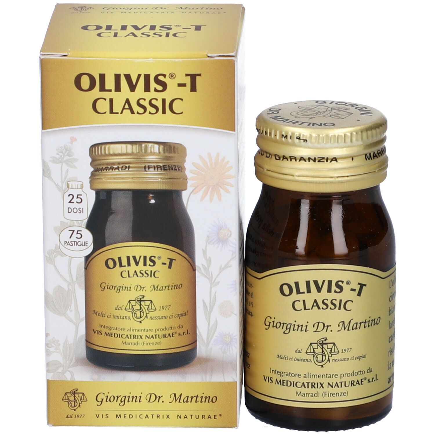 Flacone di vetro marrone con tappo dorato. Accanto, una confezione con il nome del prodotto e il logo.