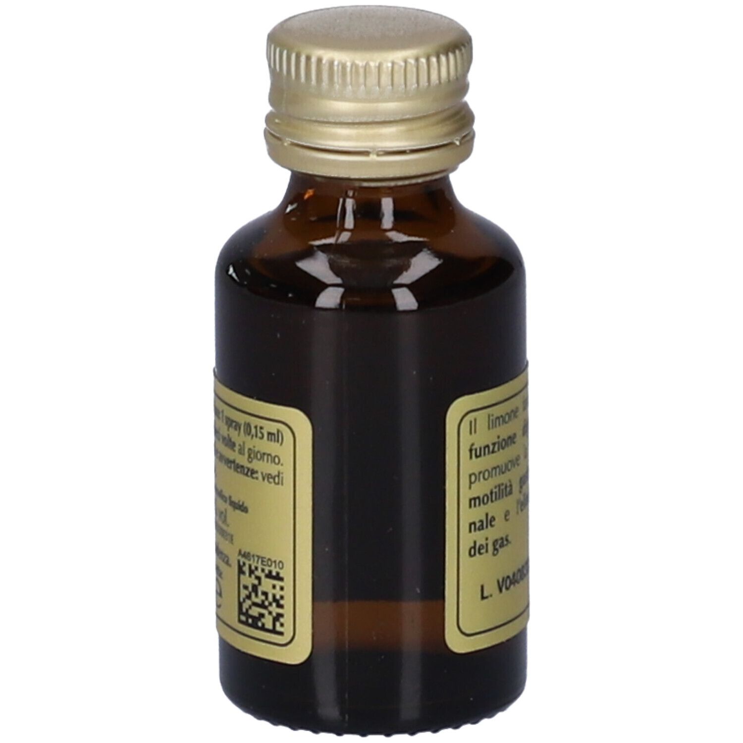 Flacone in vetro marrone con tappo dorato. Etichetta con testo e codice QR. Retro con testo sugli ingredienti.