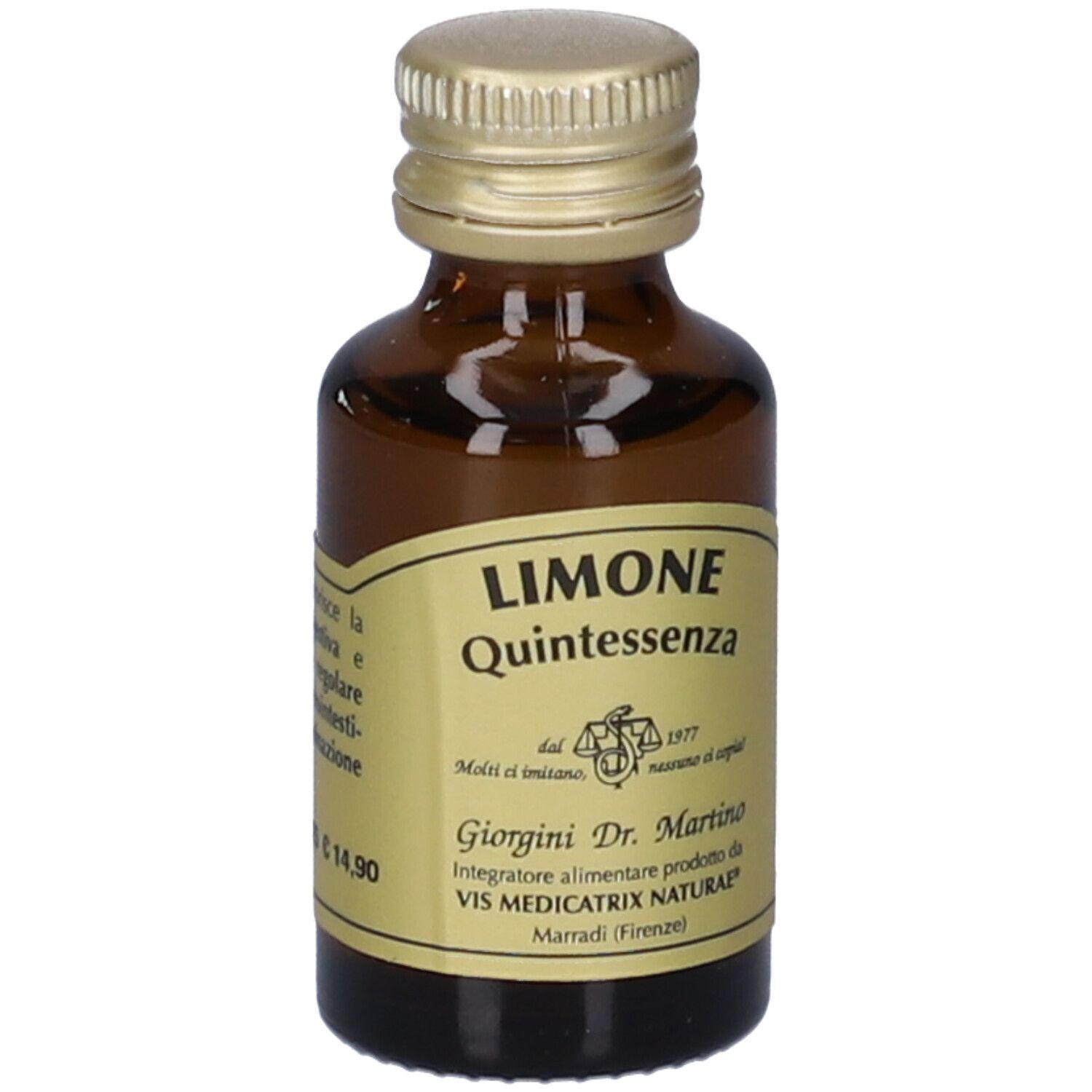 Flacone in vetro marrone con tappo dorato. Etichetta con testo: LIMONE Quintessenza, Giorgini Dr. Martino, C 14,90.