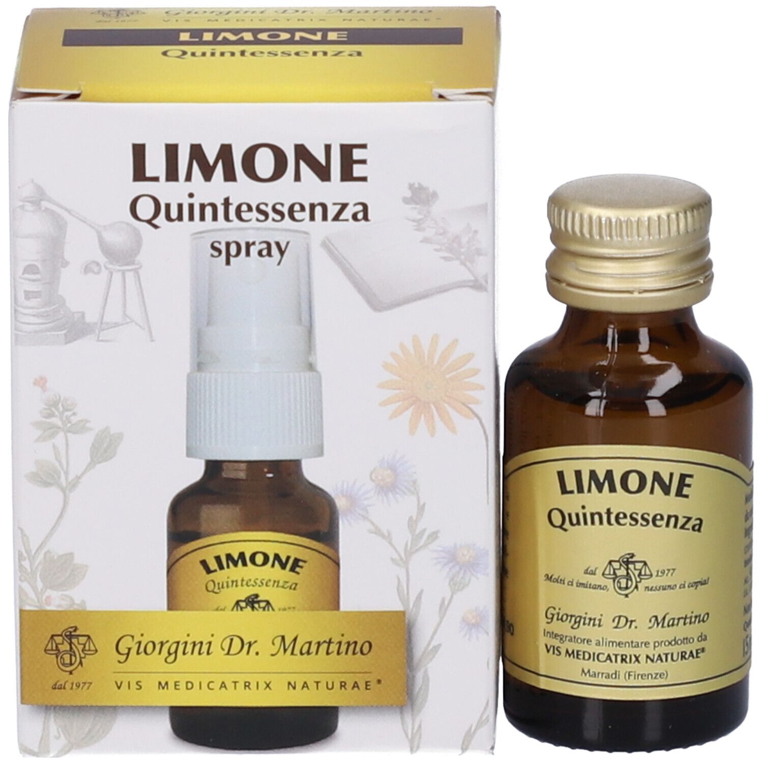 Confezione del prodotto con flacone e spray. Scritta: LIMONE Quintessenza spray, Giorgini Dr. Martino.