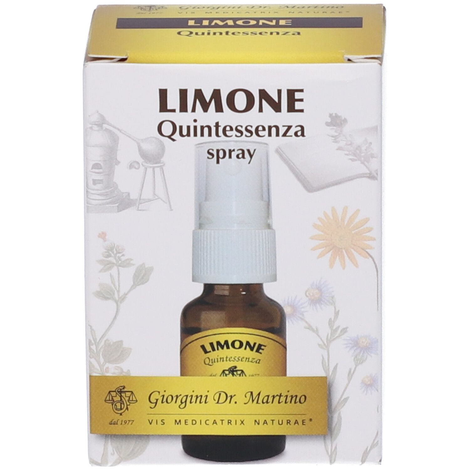 Confezione del prodotto con flacone spray. Scritta: LIMONE Quintessenza spray, Giorgini Dr. Martino.