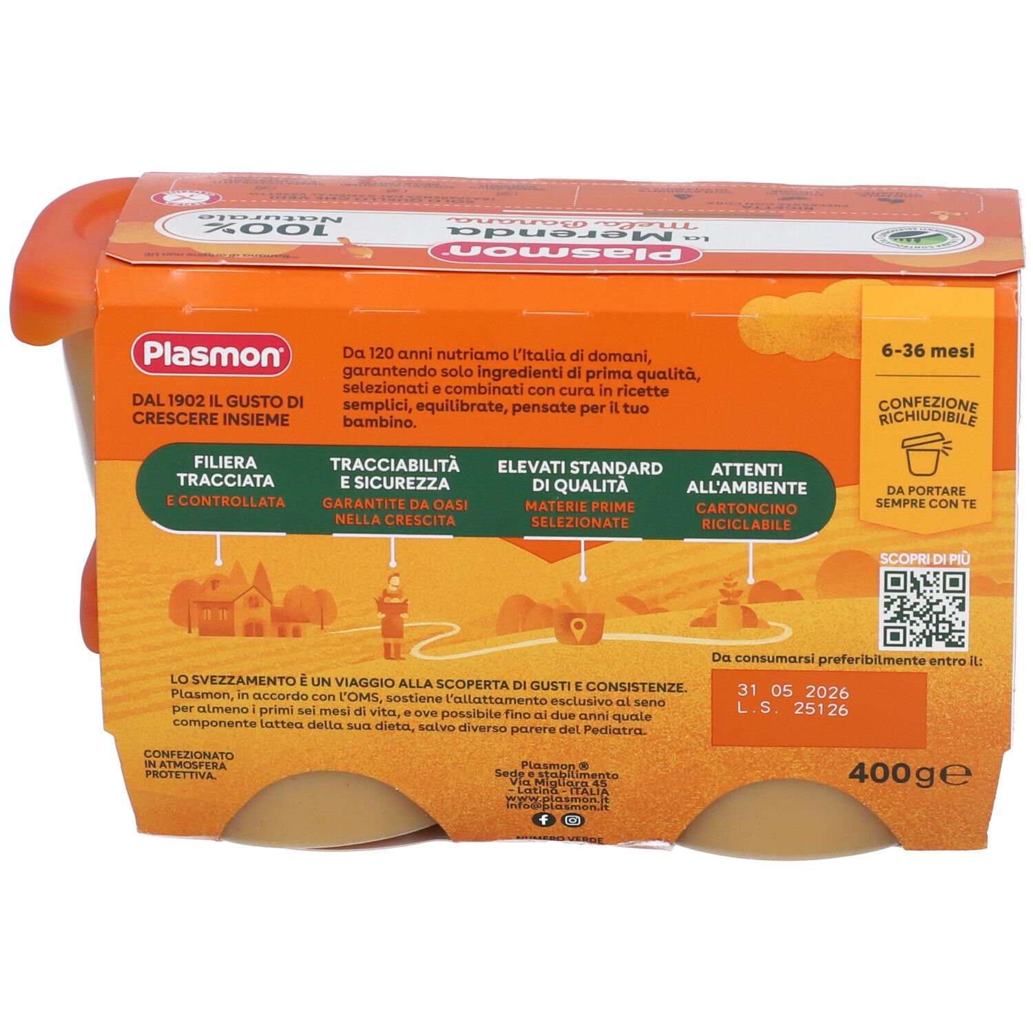 Retro confezione da quattro vasetti Plasmon. Testo: 6-36 mesi. Data di scadenza. 400g. Confezione in cartone riciclabile.