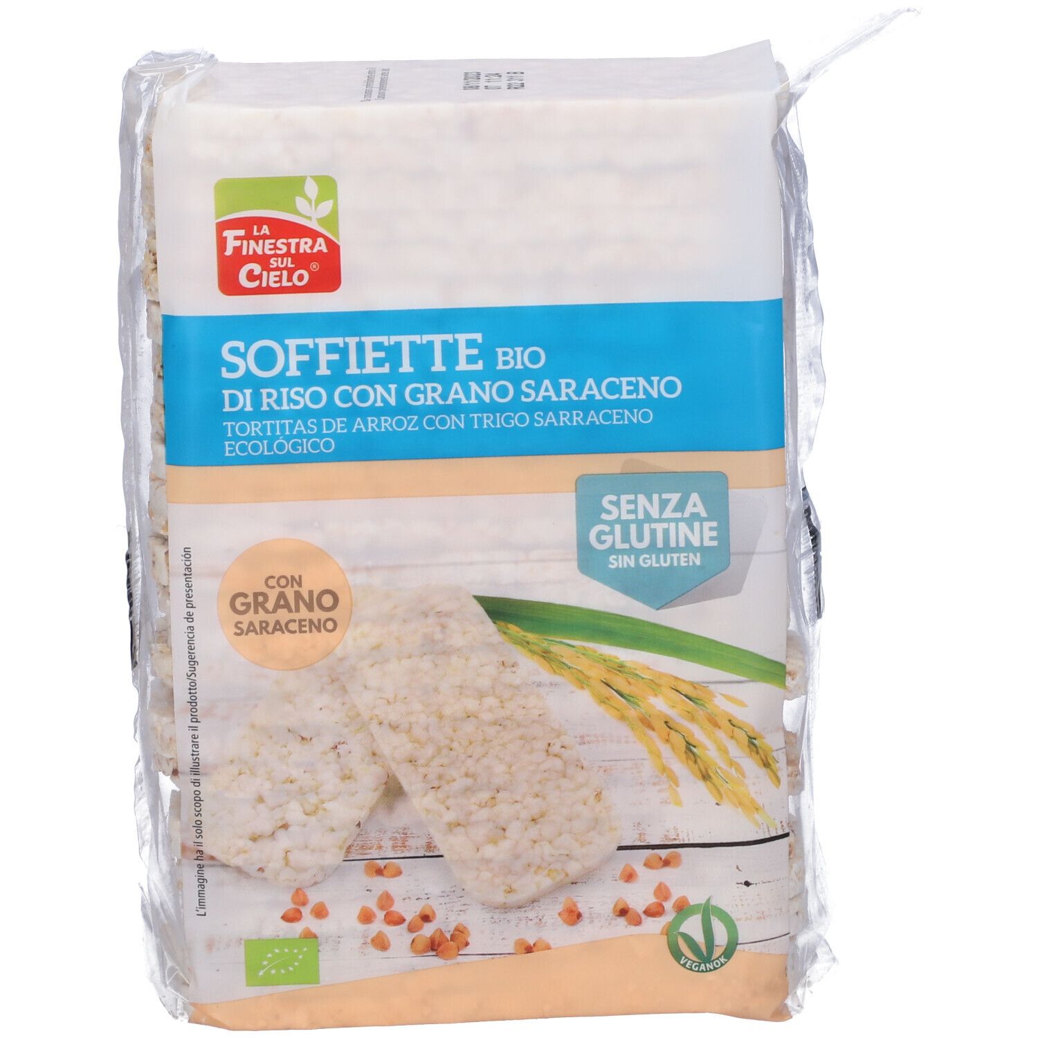 Confezione di gallette di riso. Scritta: Soffiette Bio, di riso con grano saraceno. Etichetta senza glutine.
