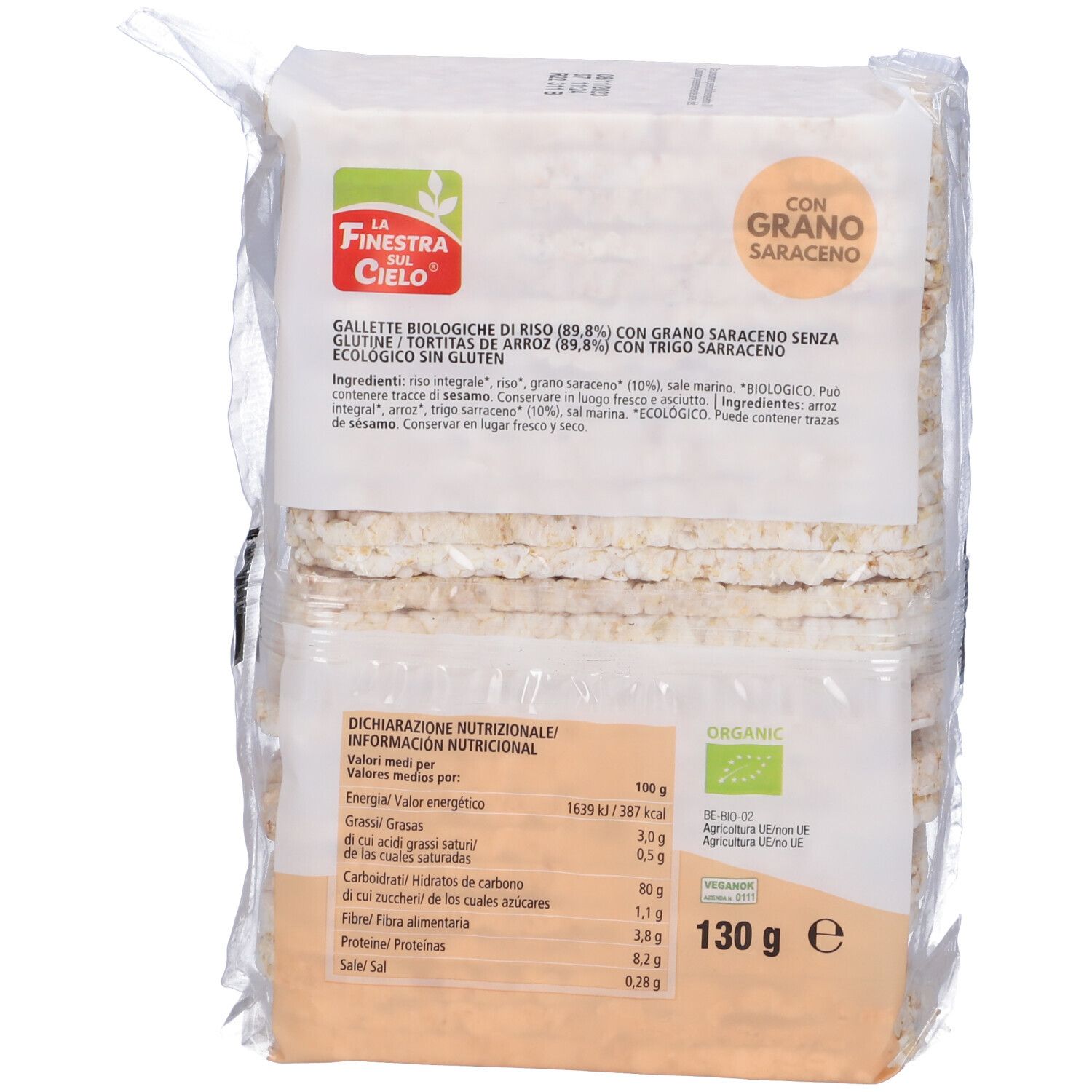 Confezione di gallette di riso. Scritta: Gallette biologiche di riso con grano saraceno. Marchio bio e 130g.