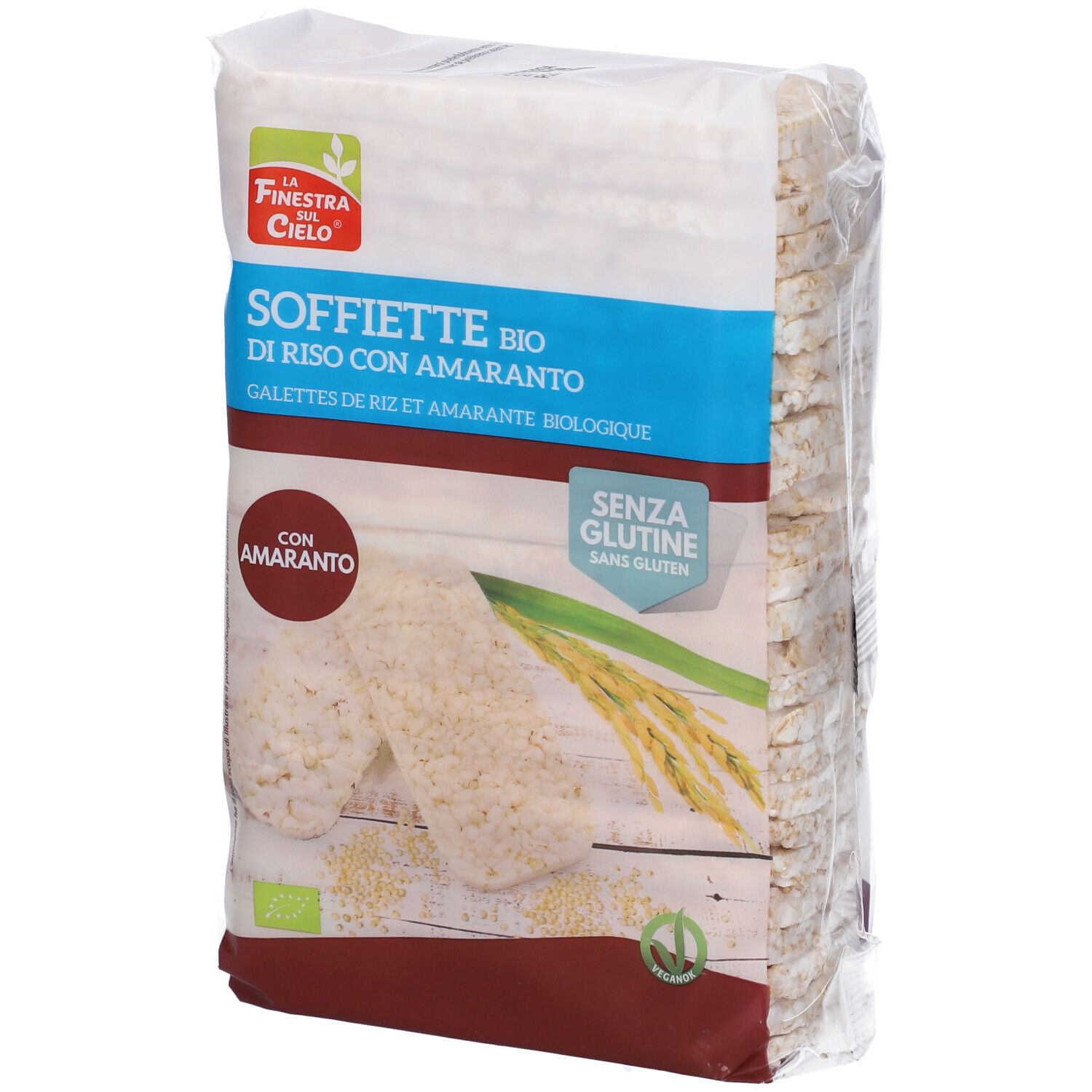 Confezione di gallette di riso e amaranto. Scritta: Soffiette Bio di Riso con Amaranto. Senza glutine.