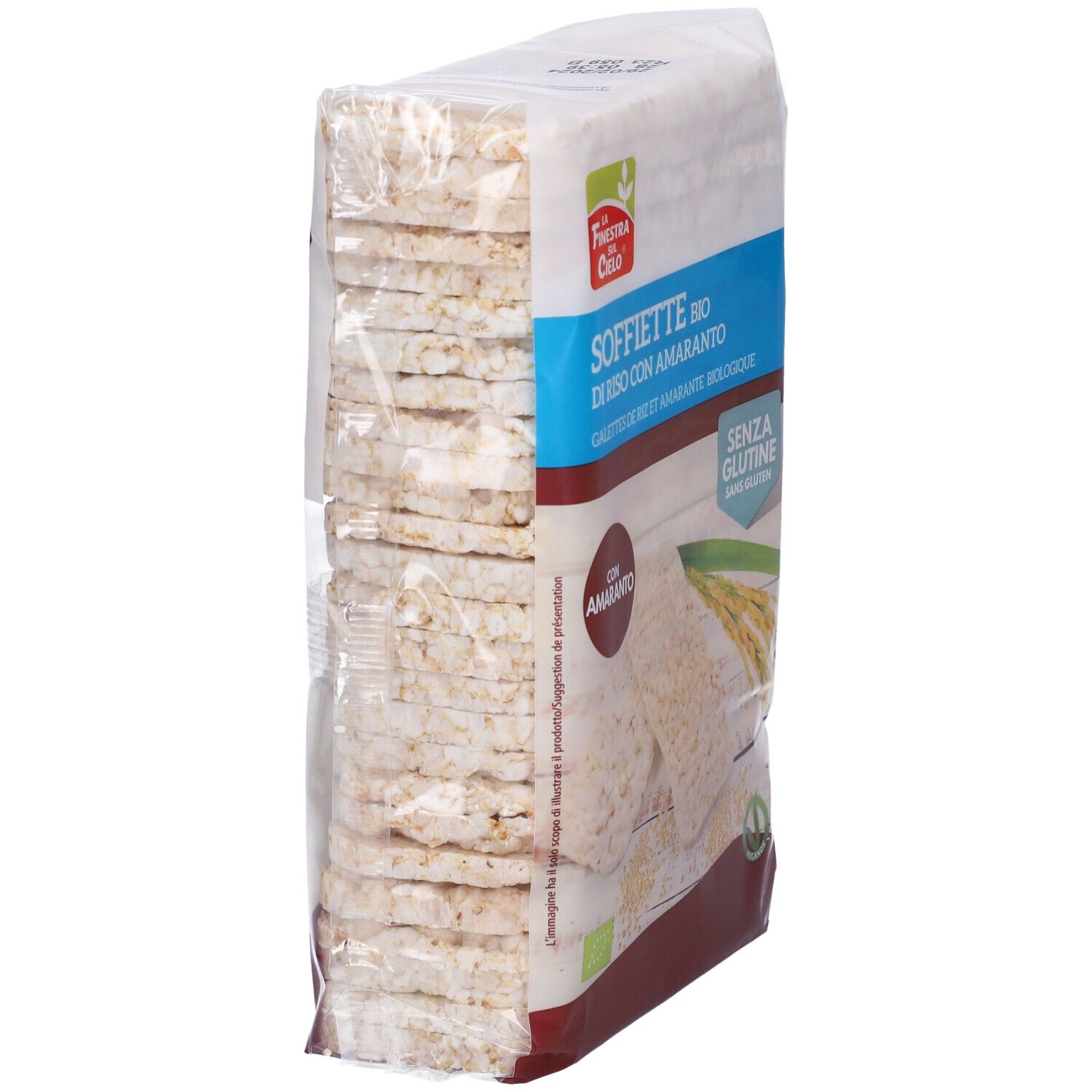 Confezione di gallette di riso e amaranto. Scritta: Soffiette Bio di Riso con Amaranto. Senza glutine.