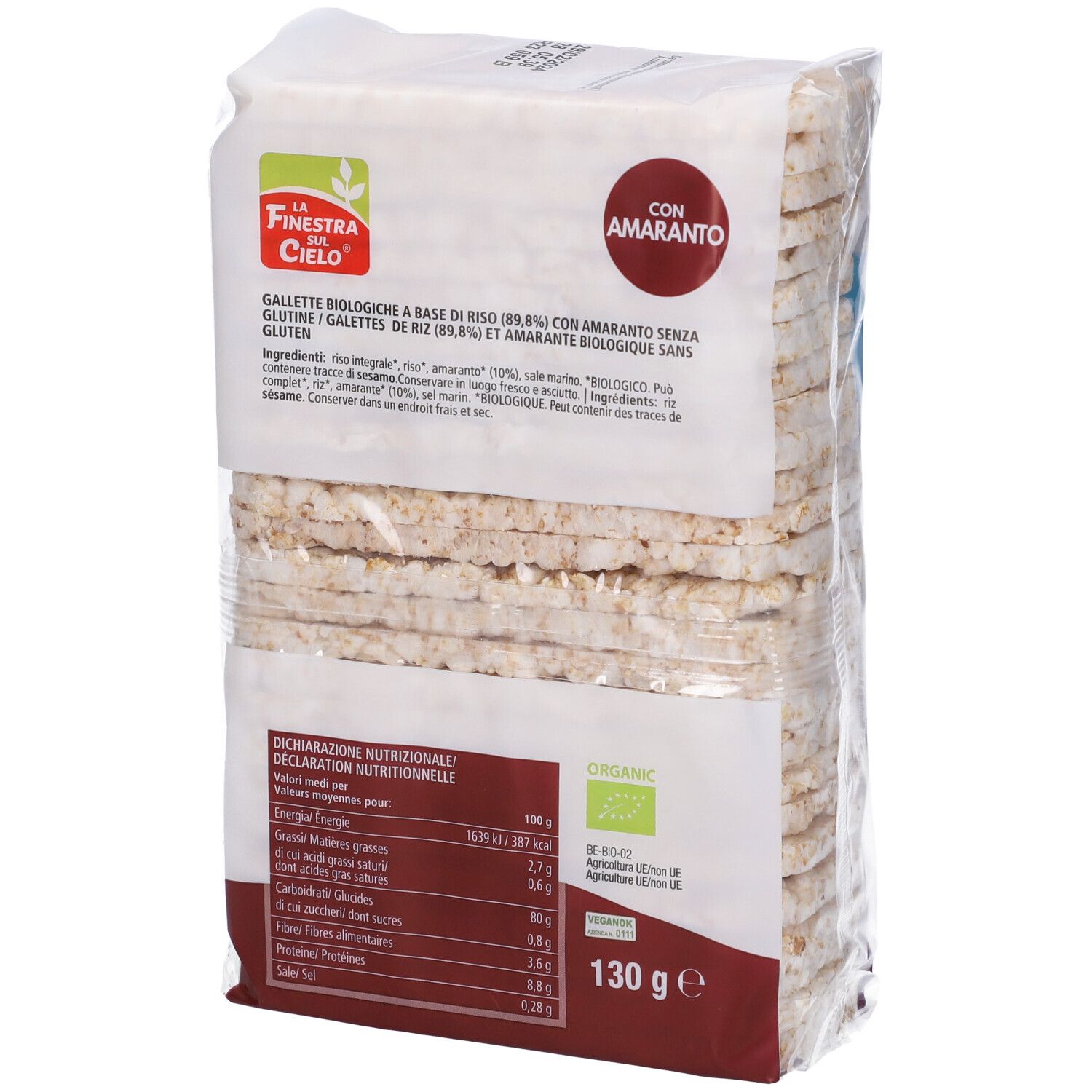 Confezione di gallette di riso e amaranto. Scritta: Soffiette Bio di Riso con Amaranto. Senza glutine.
