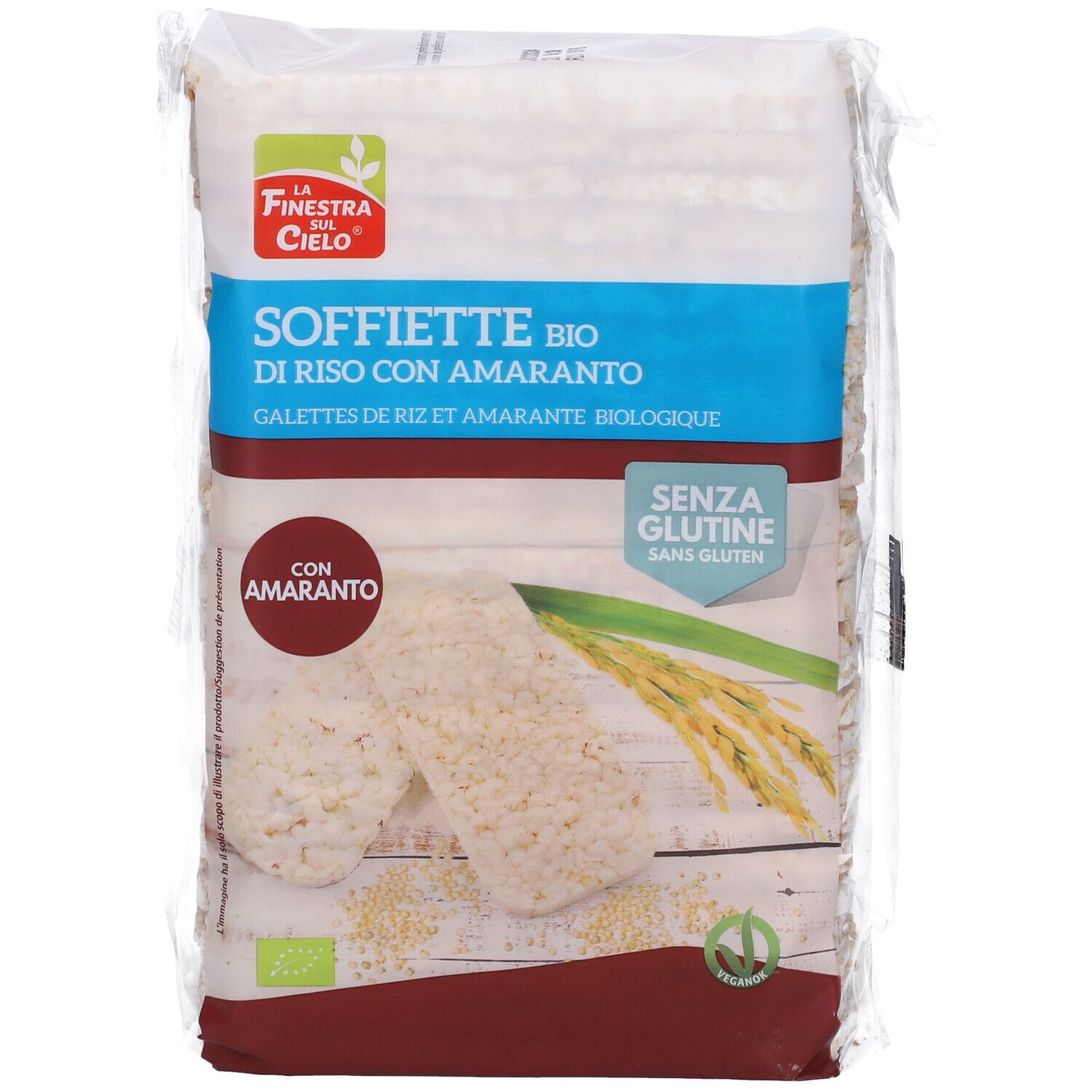 Confezione di gallette di riso e amaranto. Scritta: Soffiette Bio di Riso con Amaranto. Senza glutine.