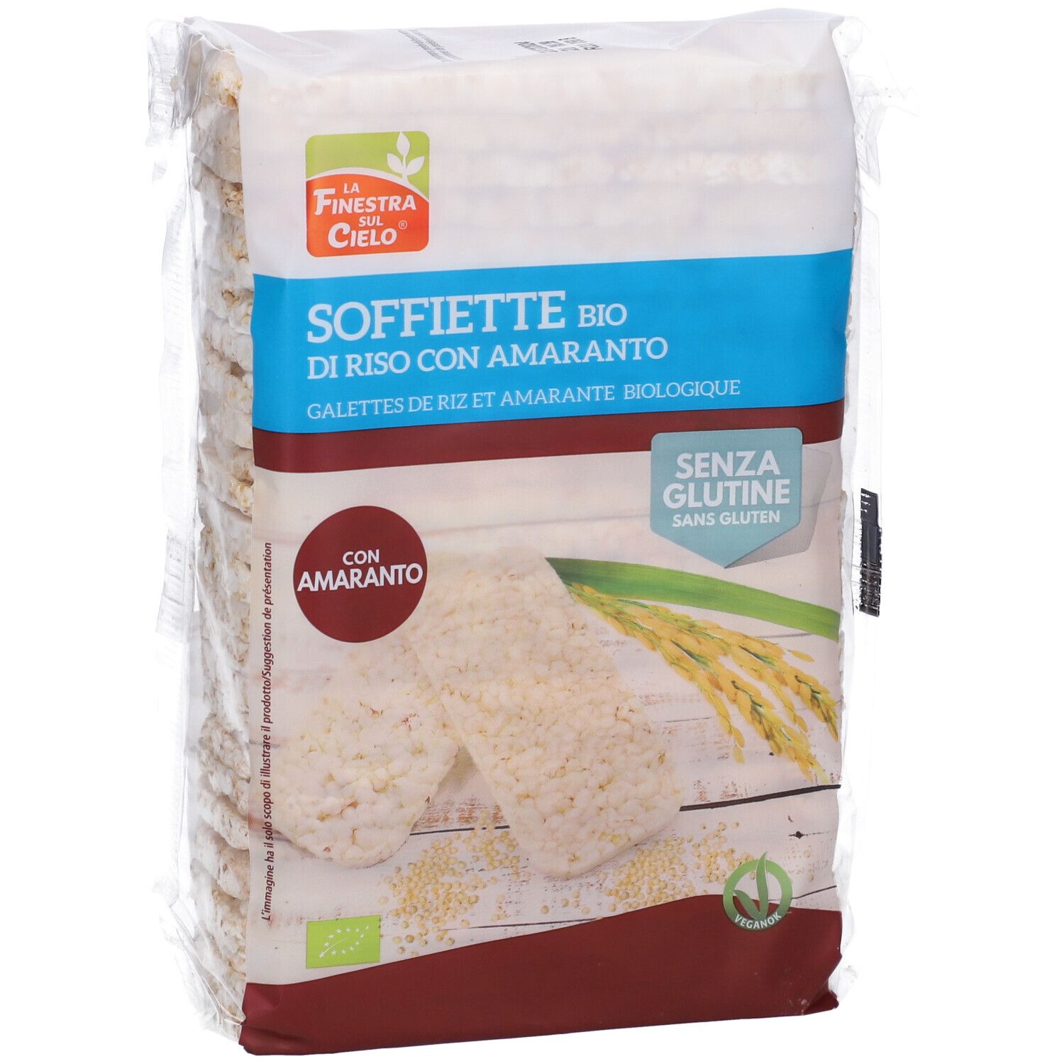 Confezione di gallette di riso e amaranto. Scritta: Soffiette Bio di Riso con Amaranto. Senza glutine.