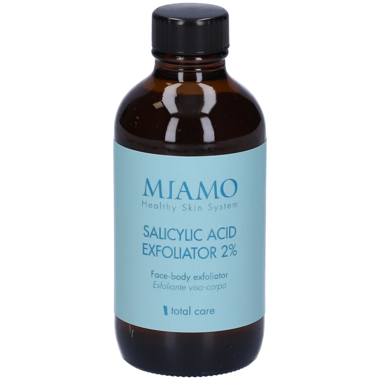 Flacone marrone con tappo nero. Etichetta con nome del prodotto e marchio: Miamo Salicylic Acid Exfoliator 2%.