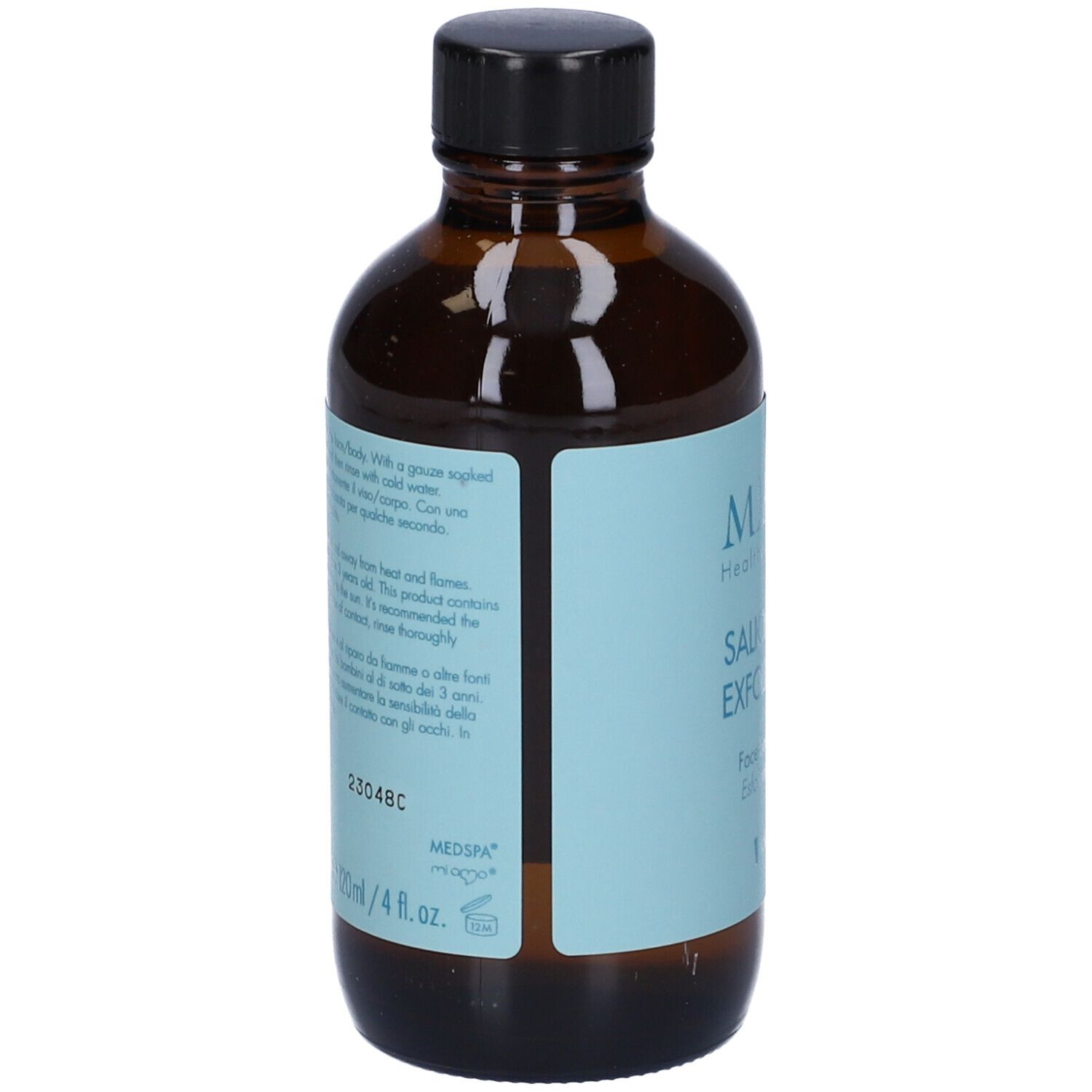 Flacone marrone con tappo nero. Etichetta con nome del prodotto e marchio: Miamo Salicylic Acid Exfoliator 2%.